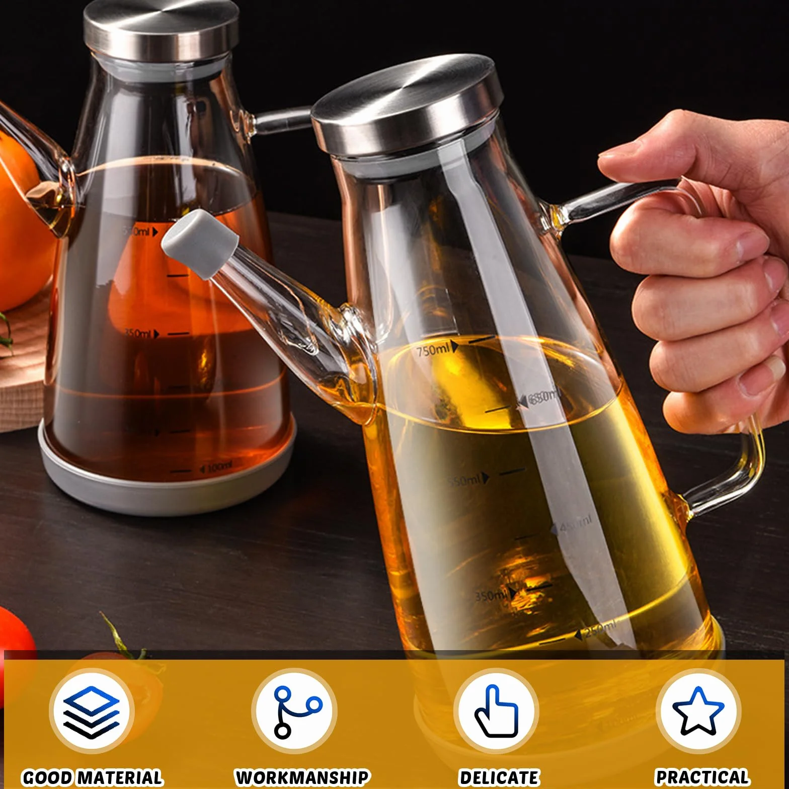 Bottiglia di olio d'oliva da 750 ml, bottiglia di olio di oliva in vetro con manico antiscivolo, distributore di olio con base in silicone antiscivolo, bottiglia di olio d'oliva antigoccia