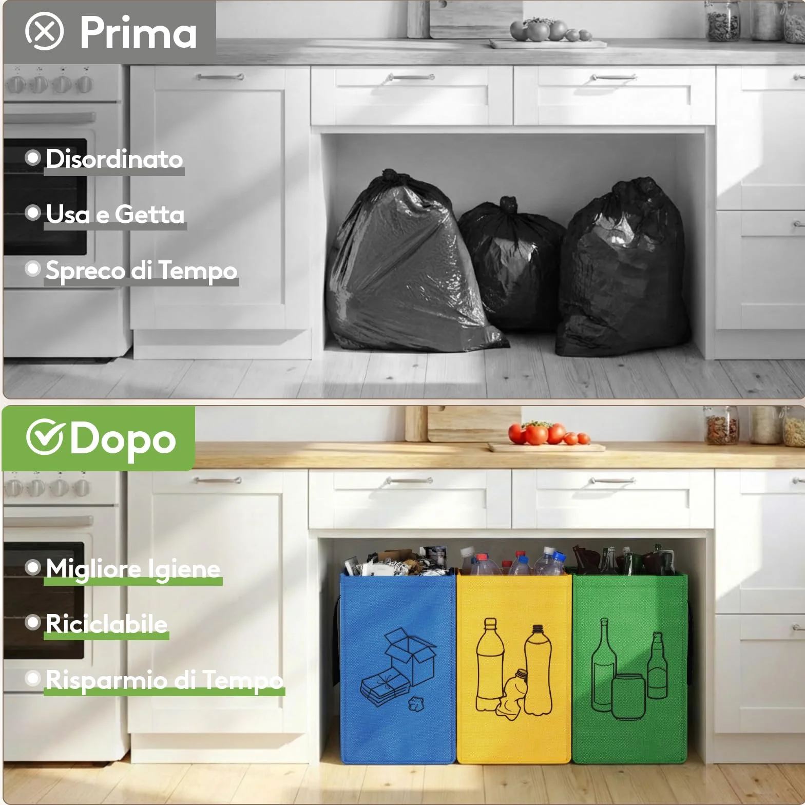 Lifewit Set di 3 Borse Raccolta Differenziata 45 L, Bidoni Differenziata Interno in 3 Colori, Raccolta Differenziata Esterno per Carta, Plastica, Vetro e Bottiglie