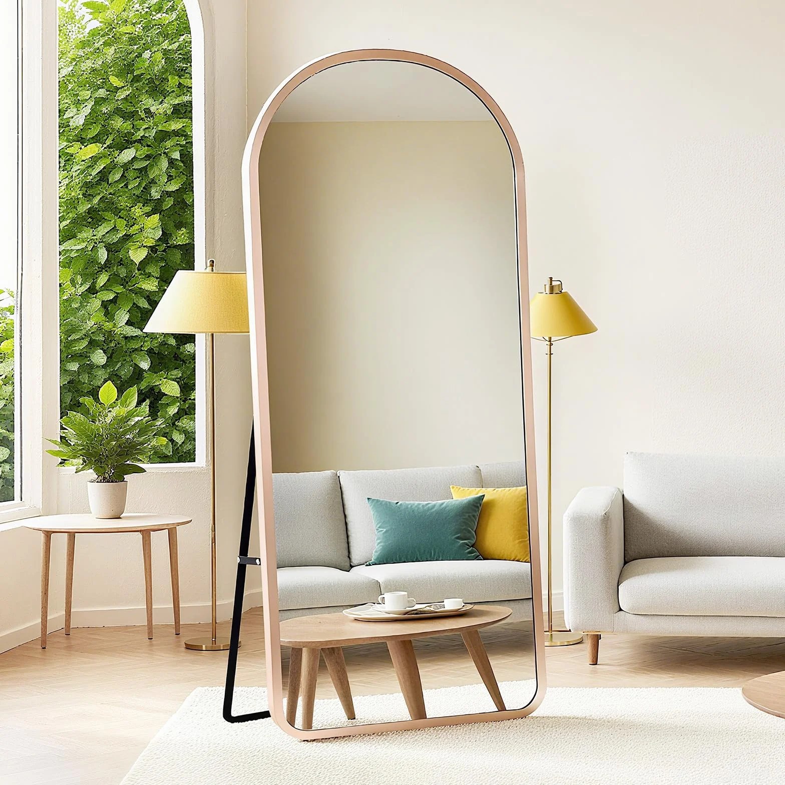 Specchio da Terra ad Arco 160x50 cm, Specchio da Parete con Cornice in Alluminio Dorato, Design Moderno, da Appoggiare o Appendere per Soggiorno, Camera da Letto, Ingresso