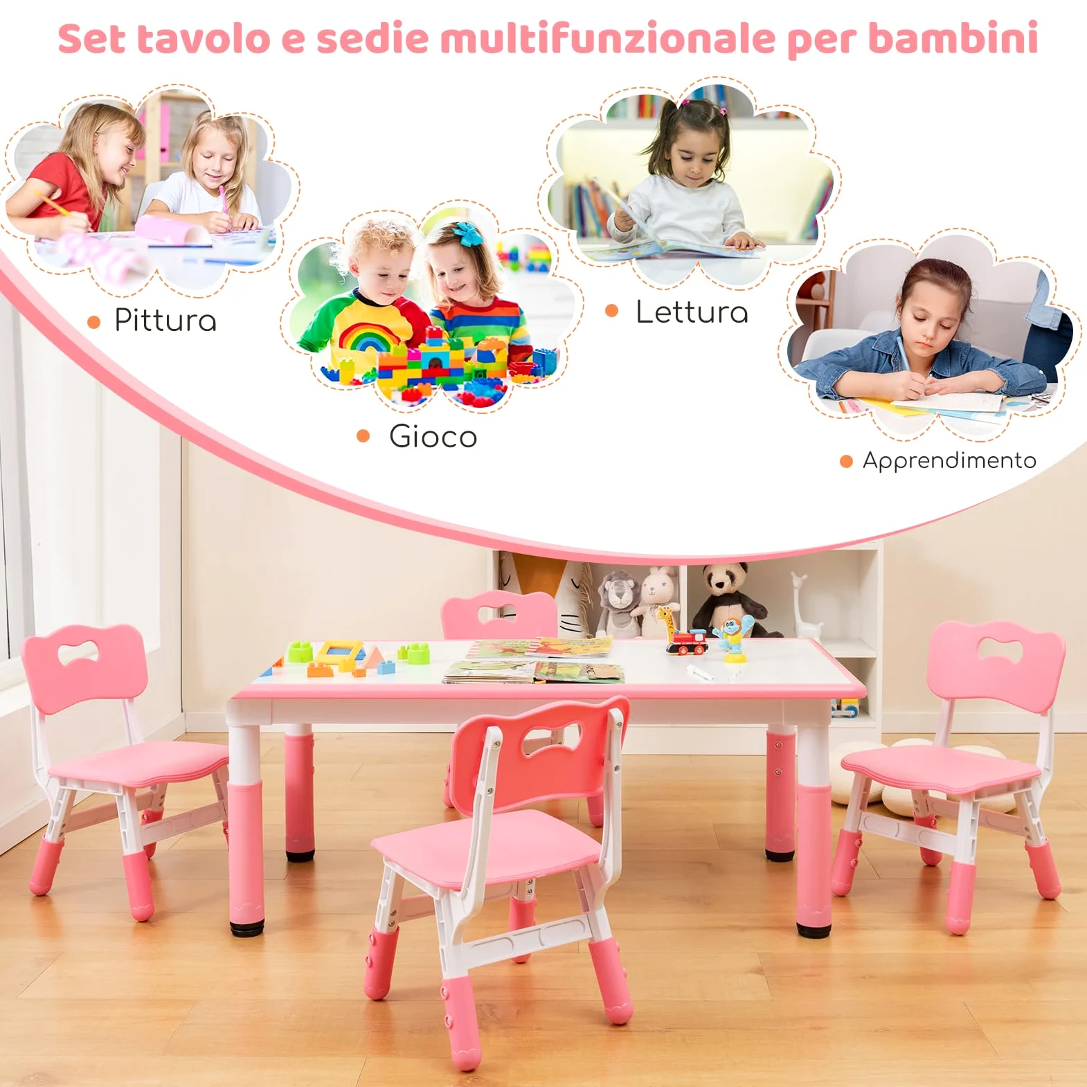 COSTWAY Set Tavolo e 4 Seide per Bambini, Scrivania Regolabile in Altezza con Piano Graffiti, Gambe Antiscivolo, Mobile Multifuzione con 4 Posti per Cameretta, Asilo e Scuola (Rosa)
