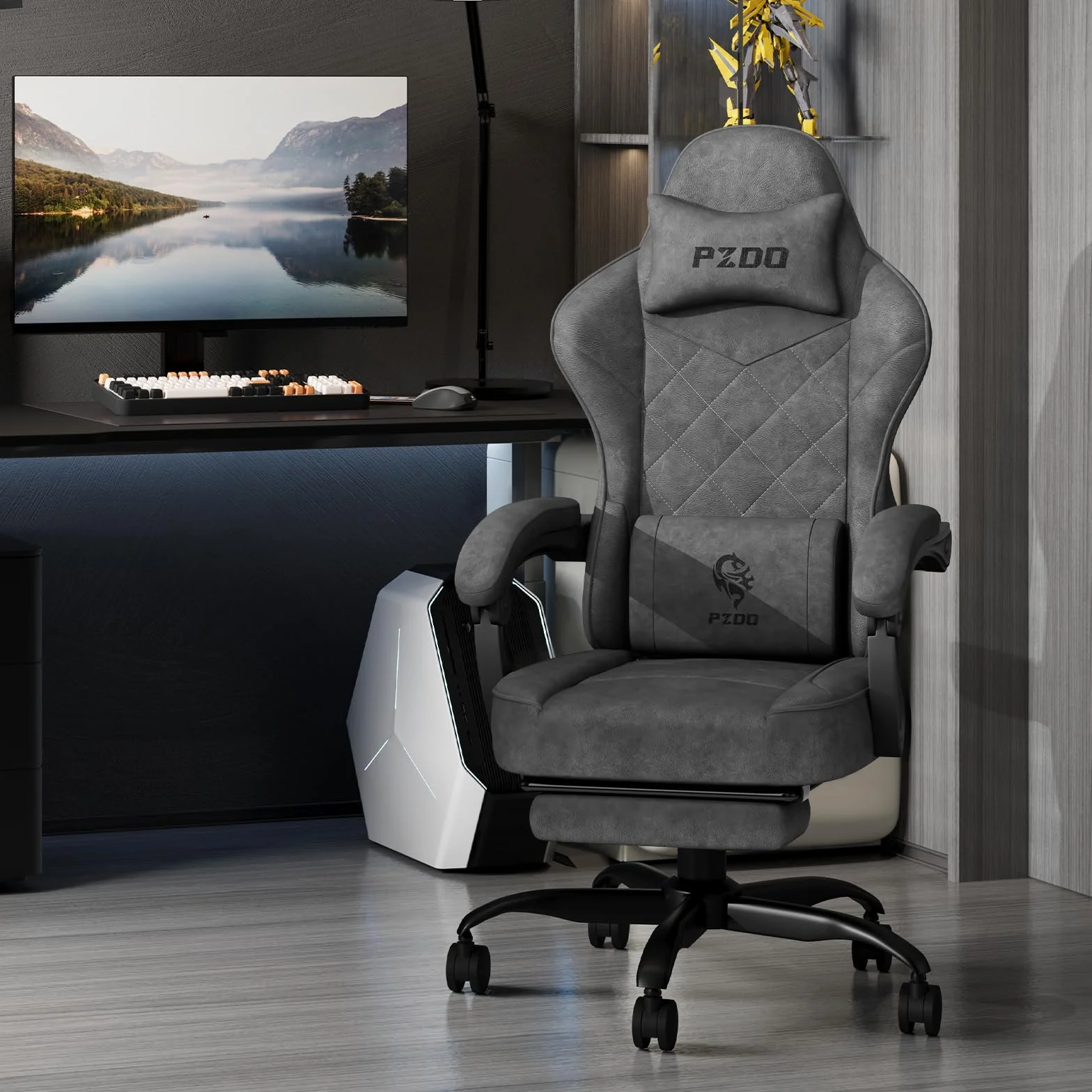 PZDO Sedia Gaming Ergonomica Sedia da Ufficio con Tessuto High-Tech, Poltrona Gamings con Poggiapiedi,PC Sedie Computer Gaming Chair Poggiatesta, Adulti, Adolescenti, regalo, 150 kg(Nero)