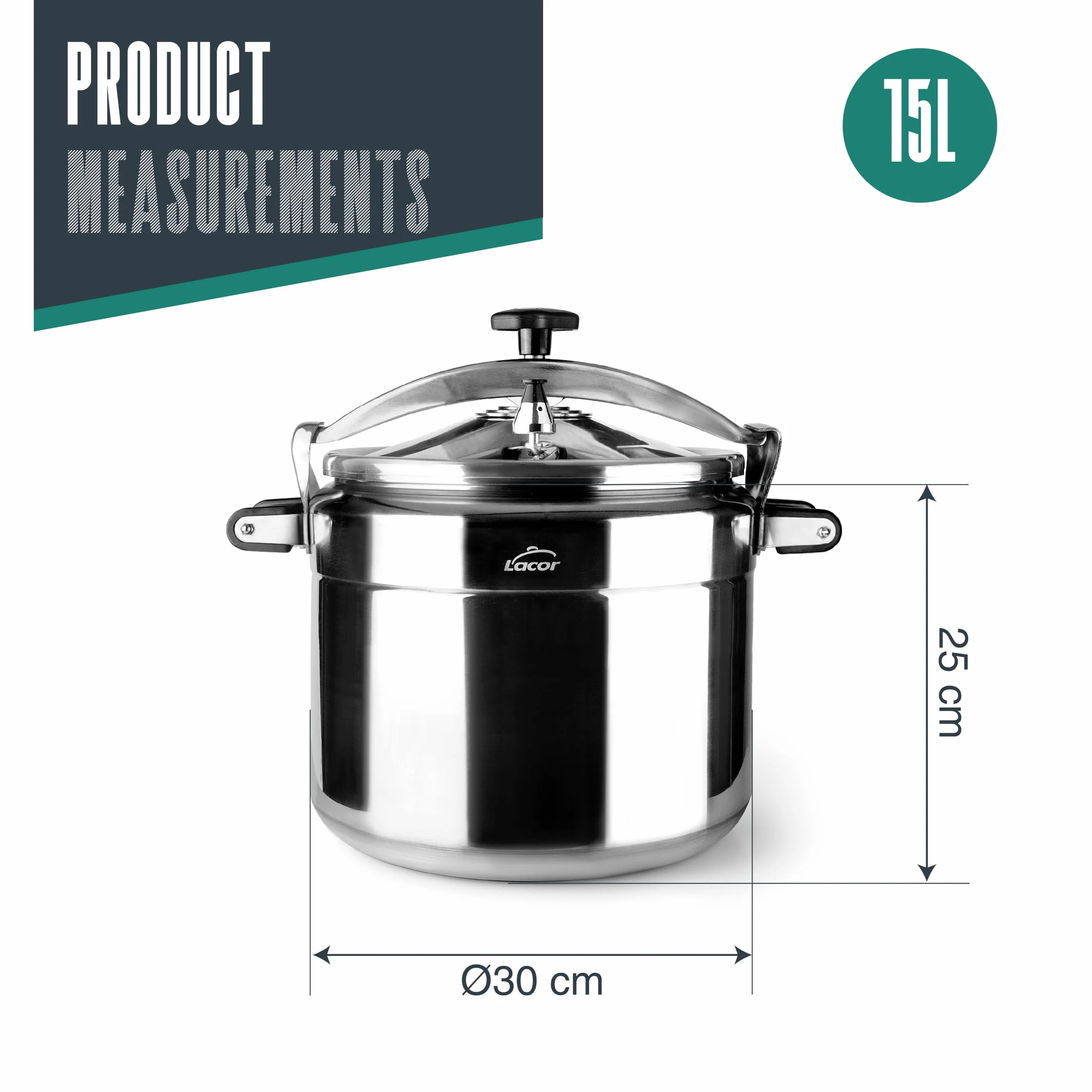 Lacor - 20515 - Pentola a pressione veloce PRO, Classica, Alluminio, Professionale, Massima sicurezza, 15 L, Ø 30 cm