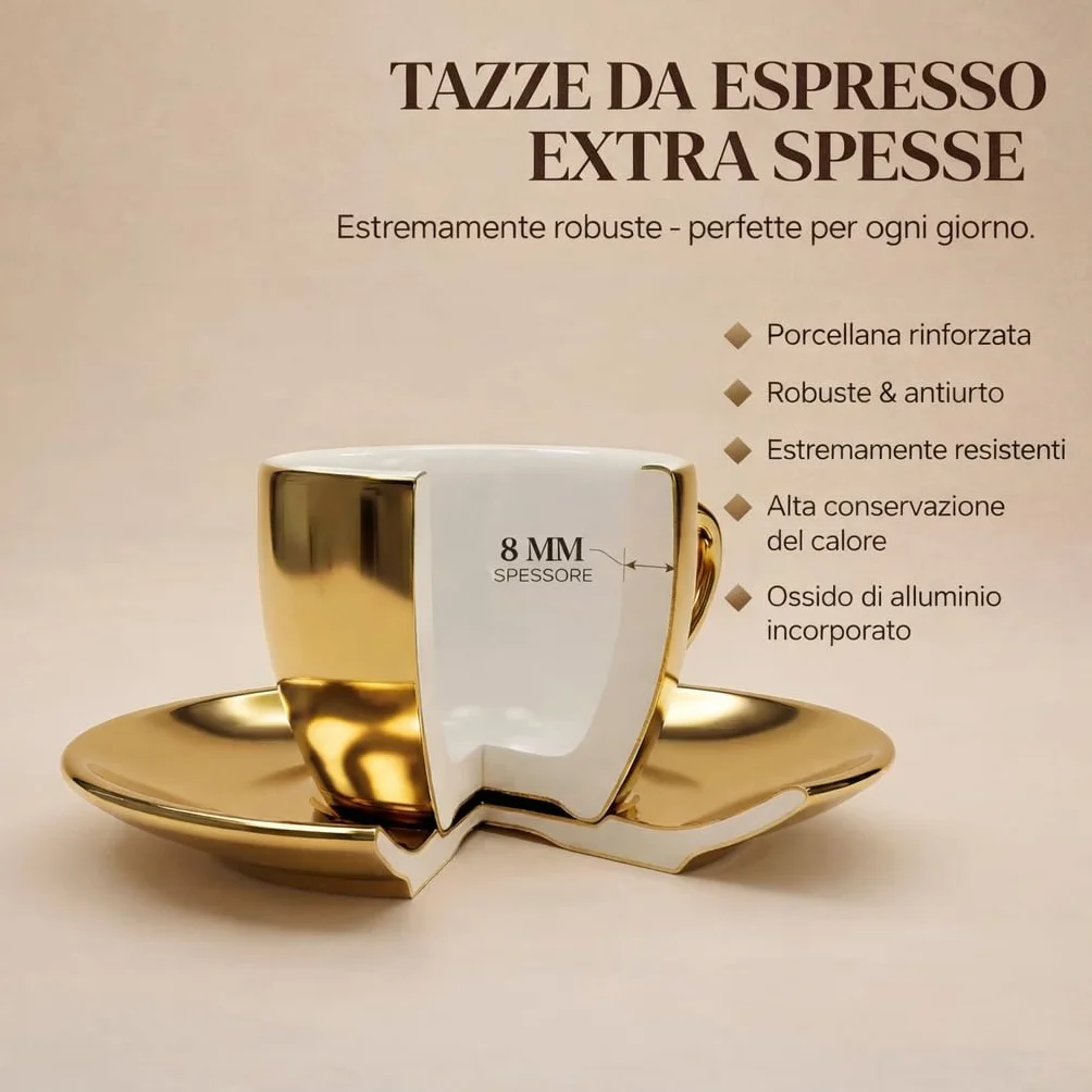 Tazzine da Caffè Espresso 60 ml in Porcellana Oro e Bianco Set da 6