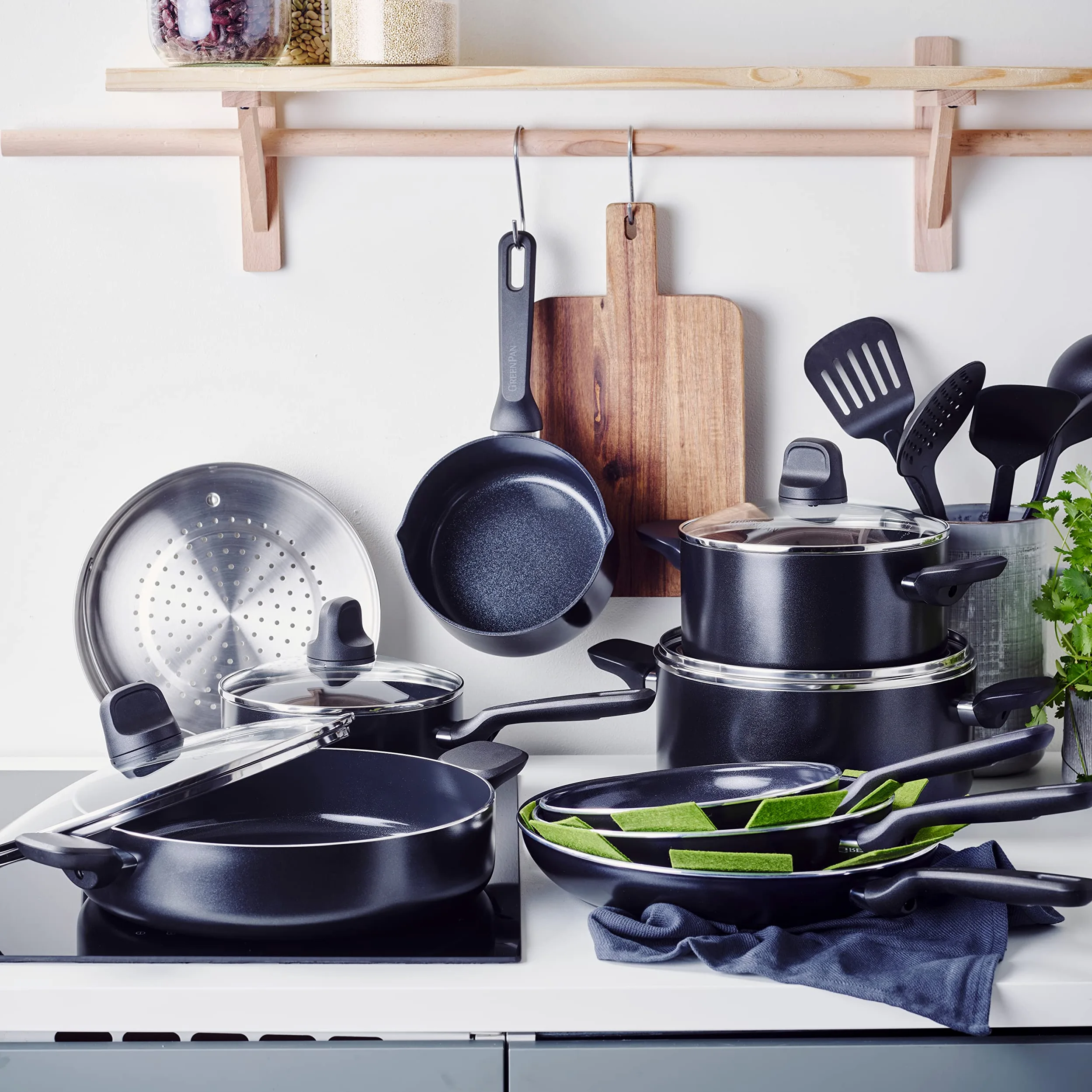 GreenPan Memphis Memphis - Set di pentole e padelle antiaderenti in ceramica, 20 pezzi, senza PFAS, a induzione, adatto al forno, nero