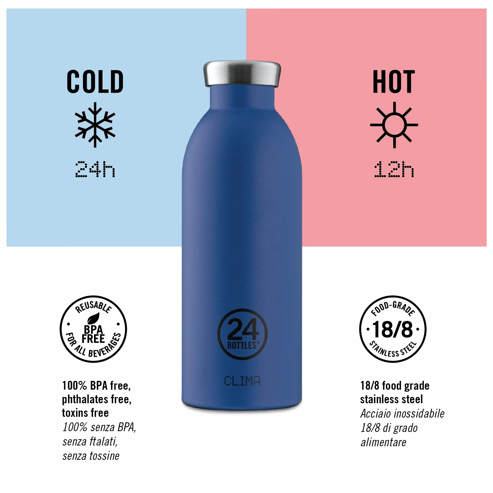 24Bottles Clima Bottle Borraccia Termica 850 ml Acciaio Inox 100% Ermetica 24h Cold 12h Hot Design Italiano Water Bottle Atlantic Bay
