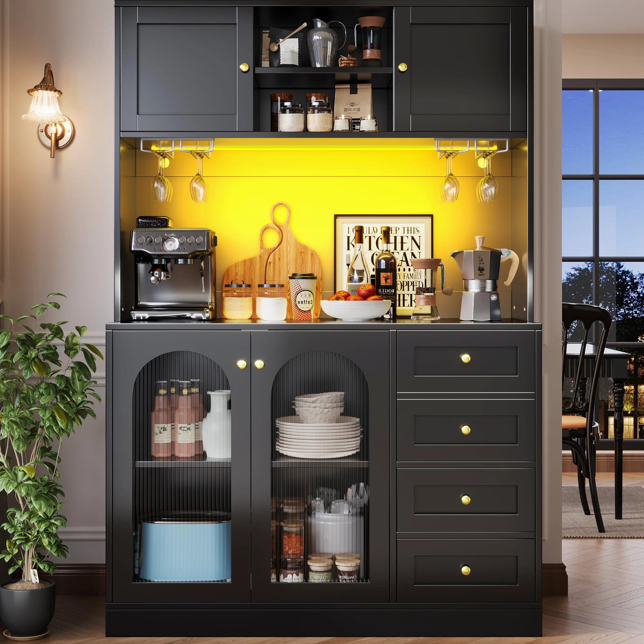 Mobile da cucina a buffet, 120 x 40 x 188 cm, stile rustico, 4 ante, con striscia luminosa a LED e porta bevande, colore nero.