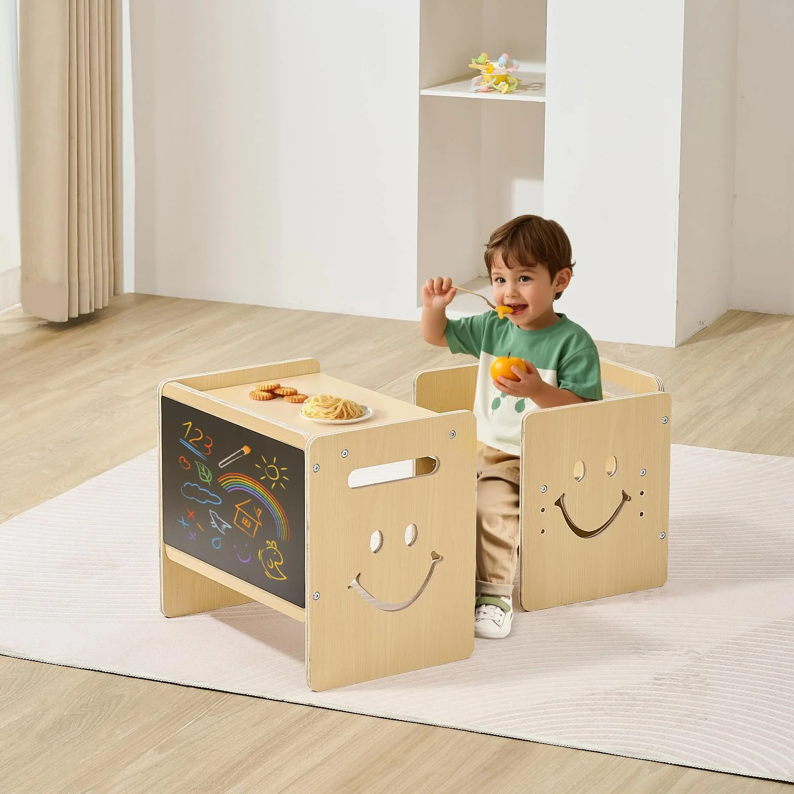 VEVOR Set Tavolo e Sedia per Svezzamento in Legno per Bambini 424 x 300 x 385 mm, Sgabello Regolabile 345 mm