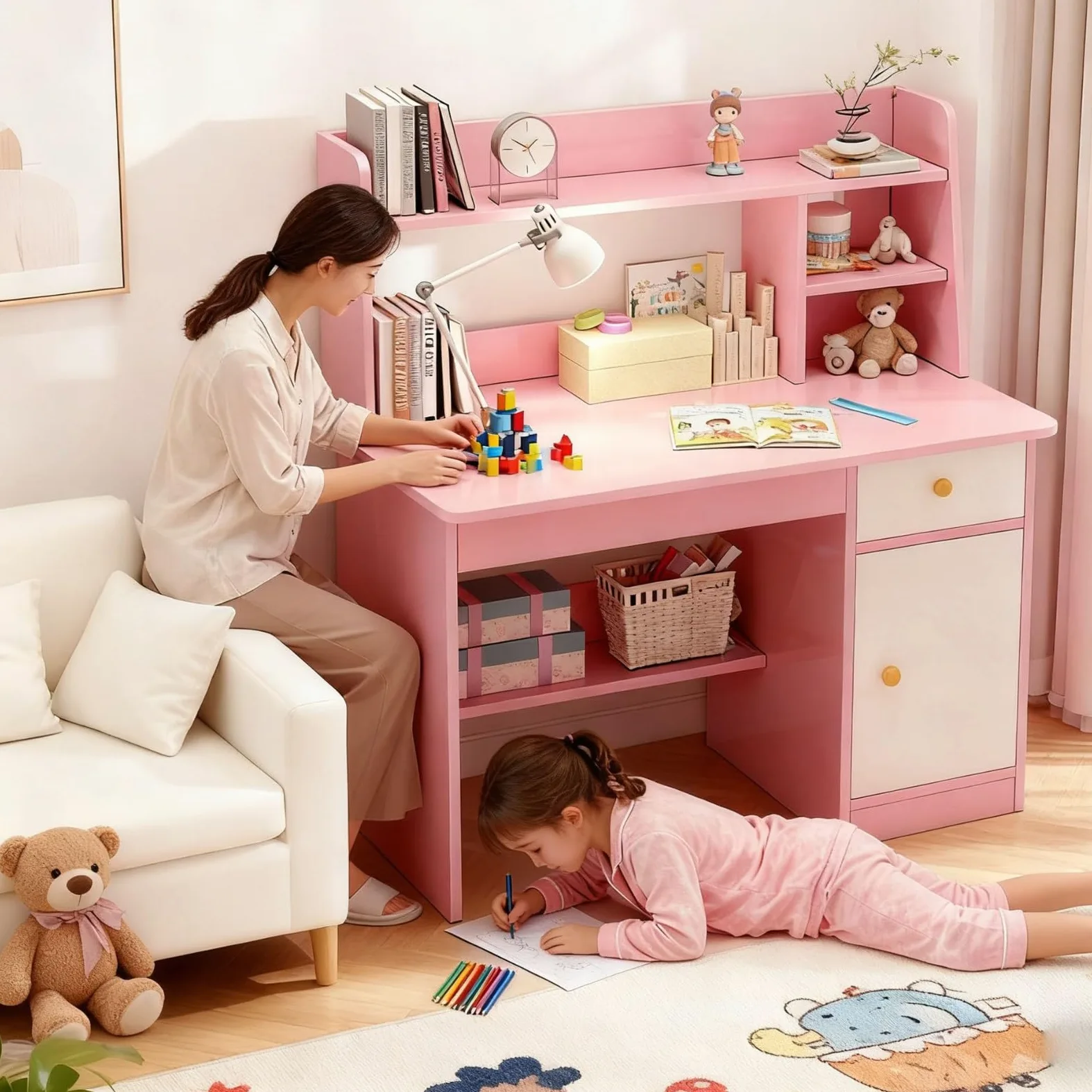 Scrivania In Legno con Ripiani Armadietto Cassetto Tavolo Scrivania per Bambini 3-12 Anni Banco Scuola per Ragazzi In Legno per Cameretta Sala Studio A