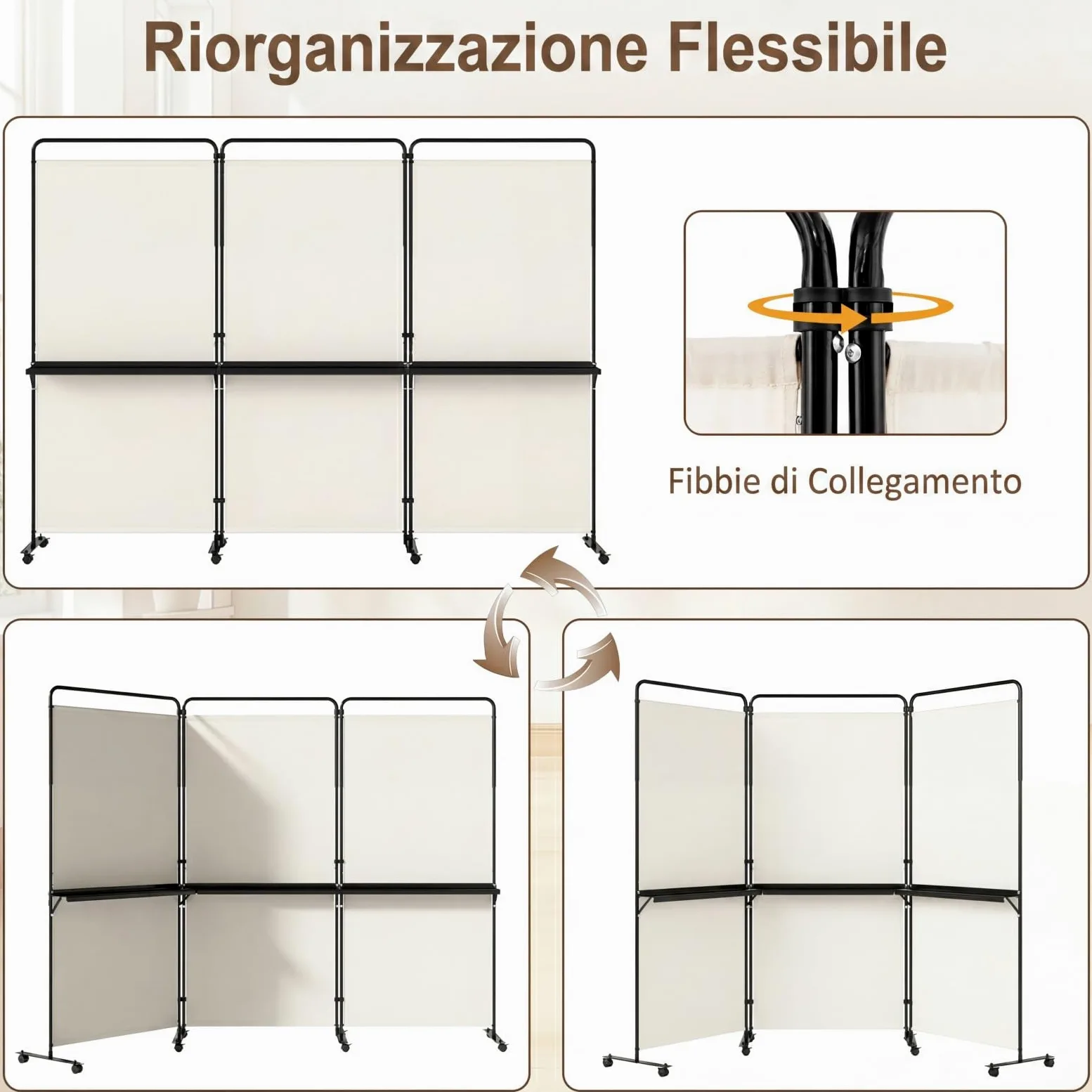 COSTWAY Paravento Interno 3 Ante con 8 Ruote Bloccabili e Ripiani (Bianco) | Separe Divisorio Pieghevole con Scaffale Portaoggetti, Tessuto Resistente e Opaco per Salotto, Camera da Letto e Ufficio