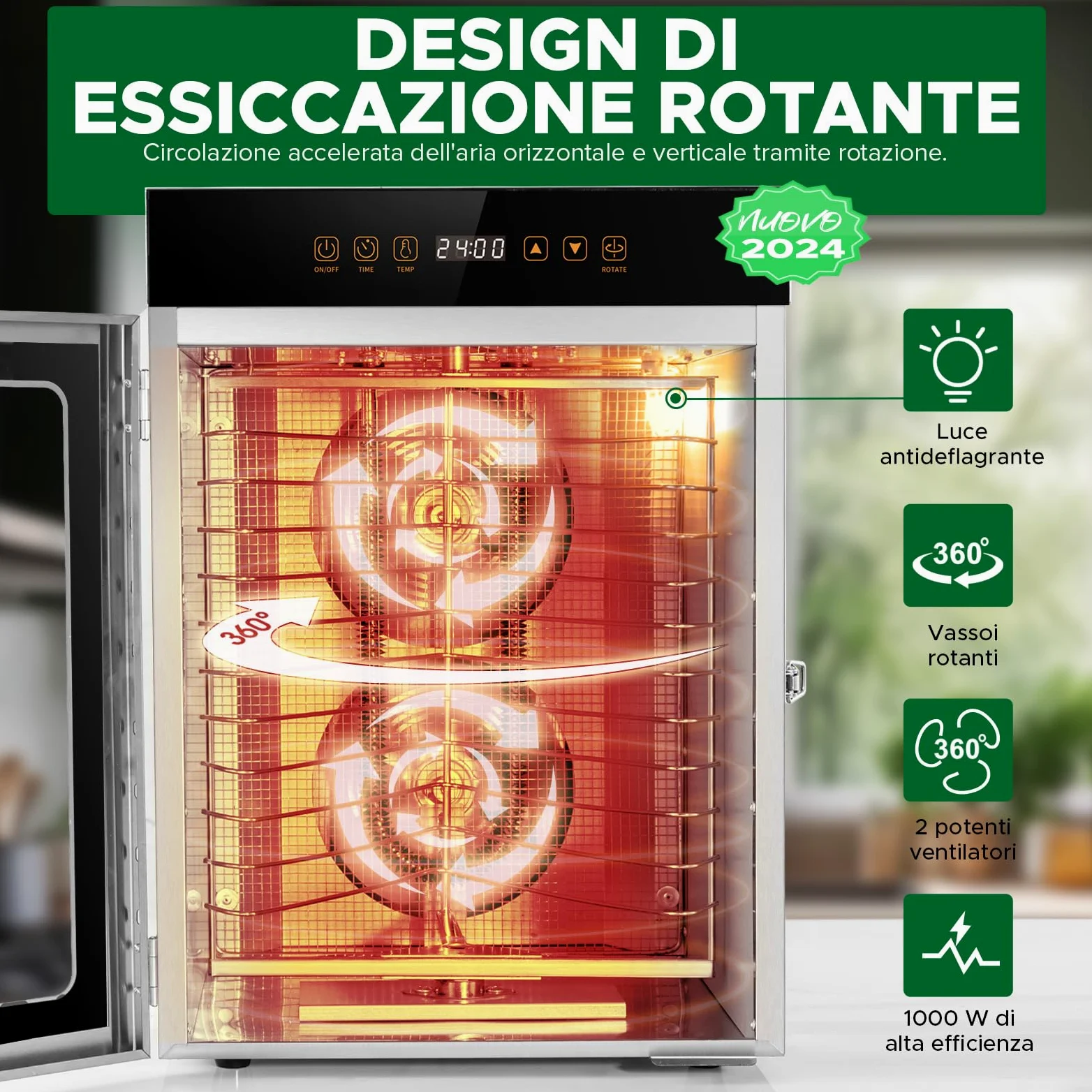 Kwasyo Essiccatore Alimentare Acciaio Inox, 1000W, 12 rotante vassoi, essiccatura automatica, 67 Ricette Gratuite, Timer 24H, Essiccatore Multiuso, Vassoi Lavabili in Lavastoviglie