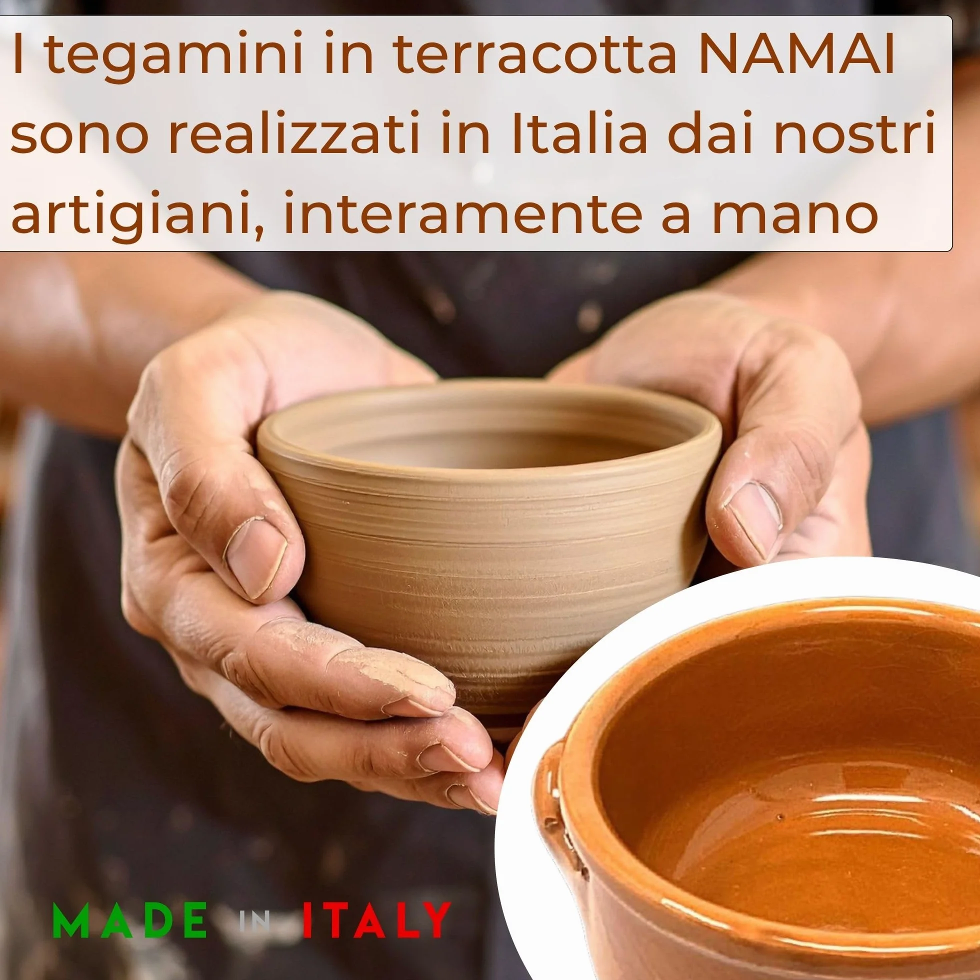 NAMAI Set 6 Tegami Terracotta, Ciotole in Terracotta, Misura 14 CM di Diametro e 6,5 CM di Altezza, Artigianali e Resistenti, Marroncino, Made in Italy