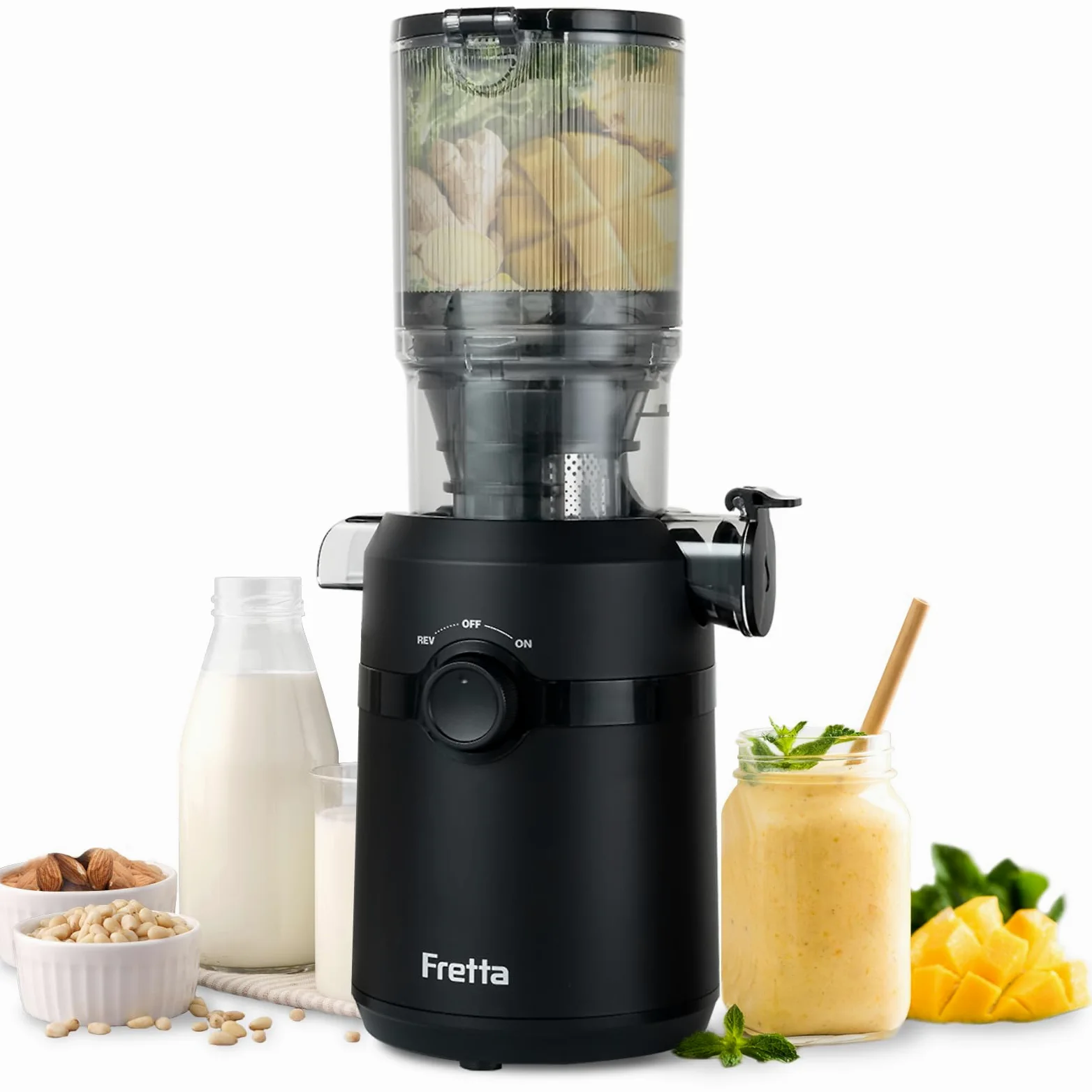 Fretta Estrattore frutta e verdura, apertura 108MM e capacità di 1L estrattore di succo, 200W centrifuga Lenta, 99% nutrienti preservati, senza BPA, facile da smontare e pulire