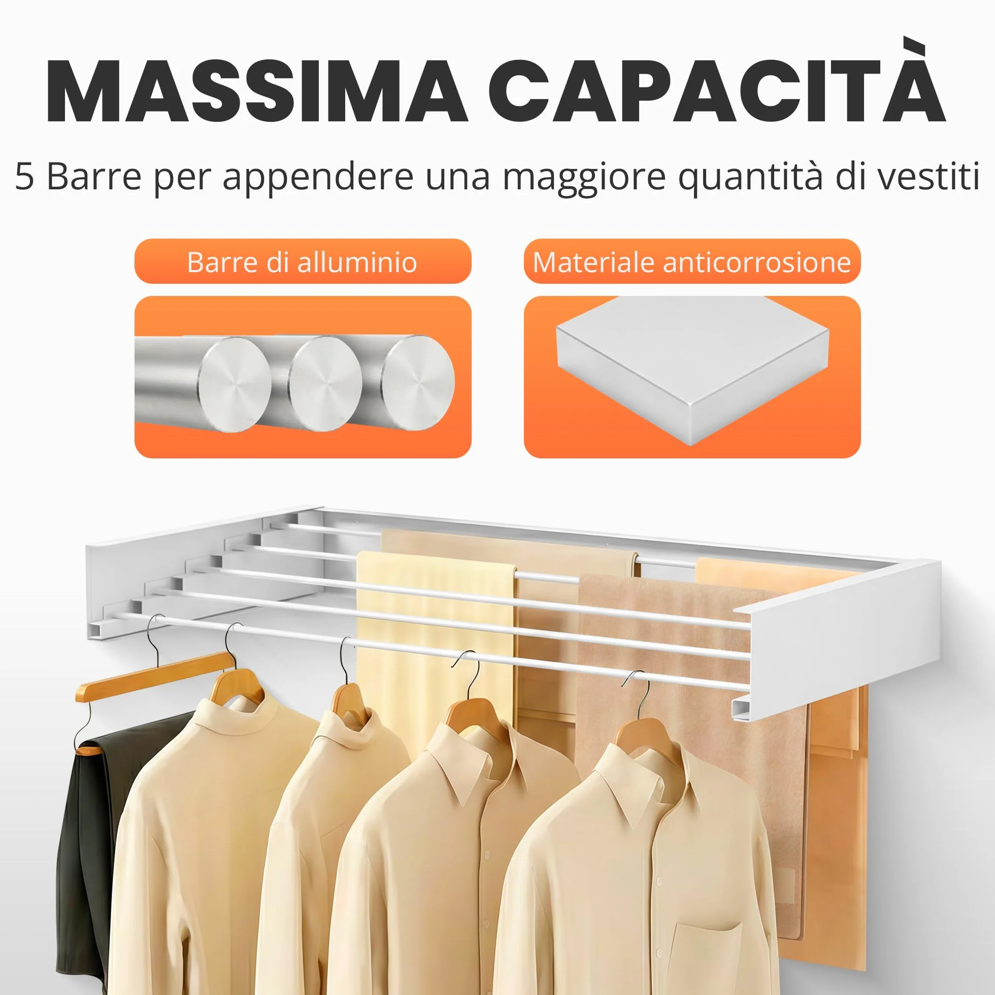 JUPPLIES Stendibiancheria da Parete Pieghevole Retrattile 120 – Stendino a Muro Richiudibile 5 Barre Alluminio Antiruggine 30 kg Bianco