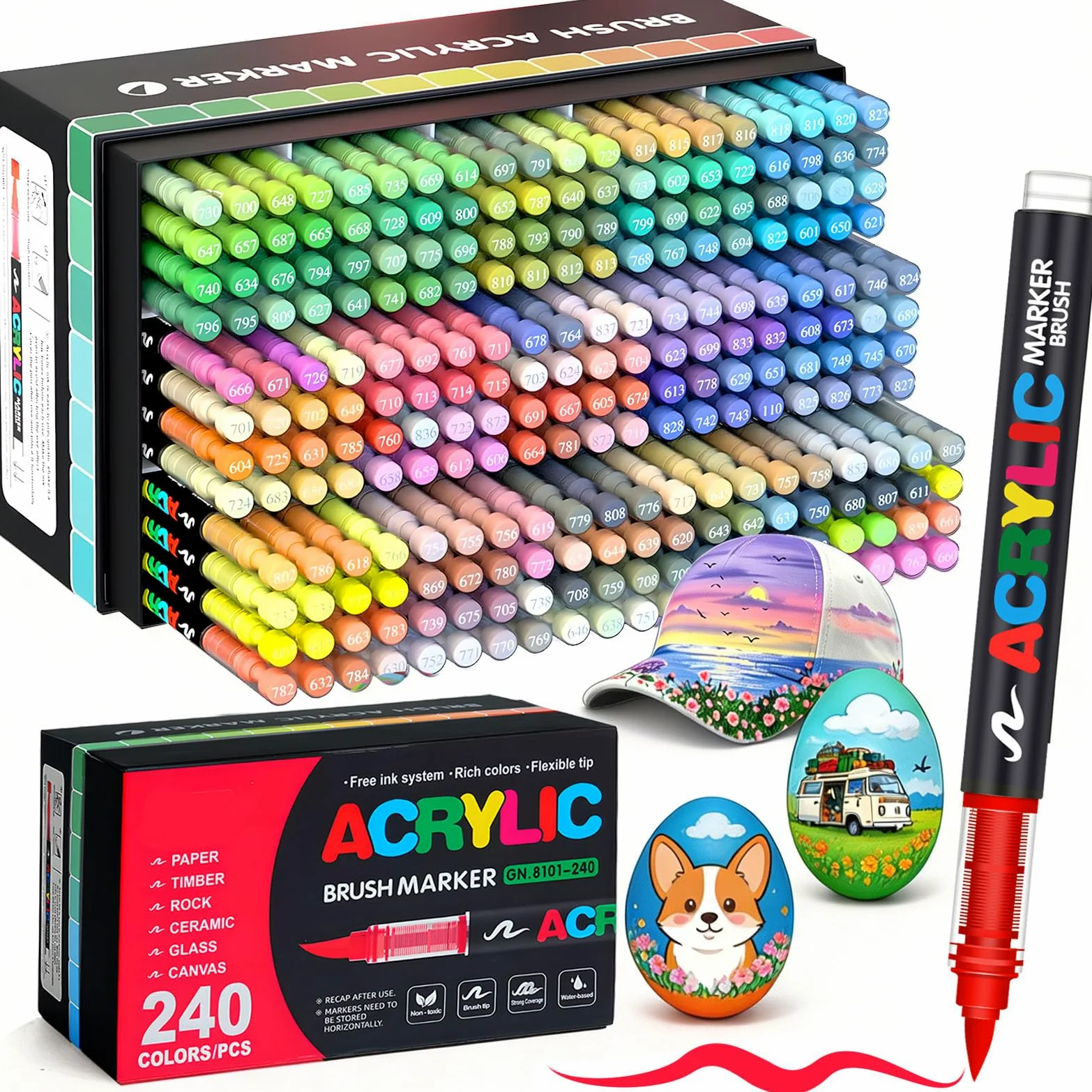 Pennarelli Acrilici 240 Colori Acrylic Marker Brush Pen per Dipingere Sassi, Tessuti, Metallo, Vetro, Legno, Tela, Ceramica, Plastica, Atossici e Inodori