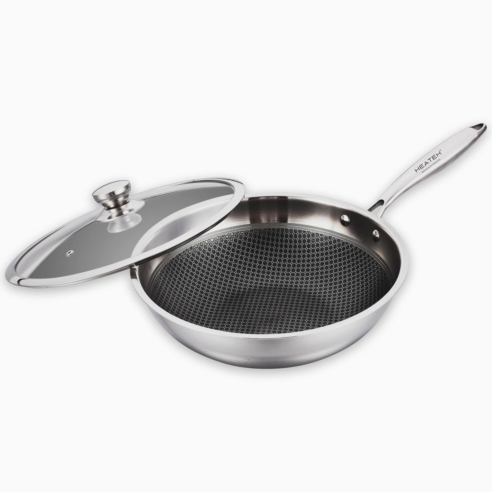 Set di 3 Padelle + Wok | Padella Antiaderente in Acciaio Inox Triplo Strato con Coperchio in Vetro | Antiaderente e Antigraffio | Adatta a tutti i Piani Cottura (HEATEK SET)