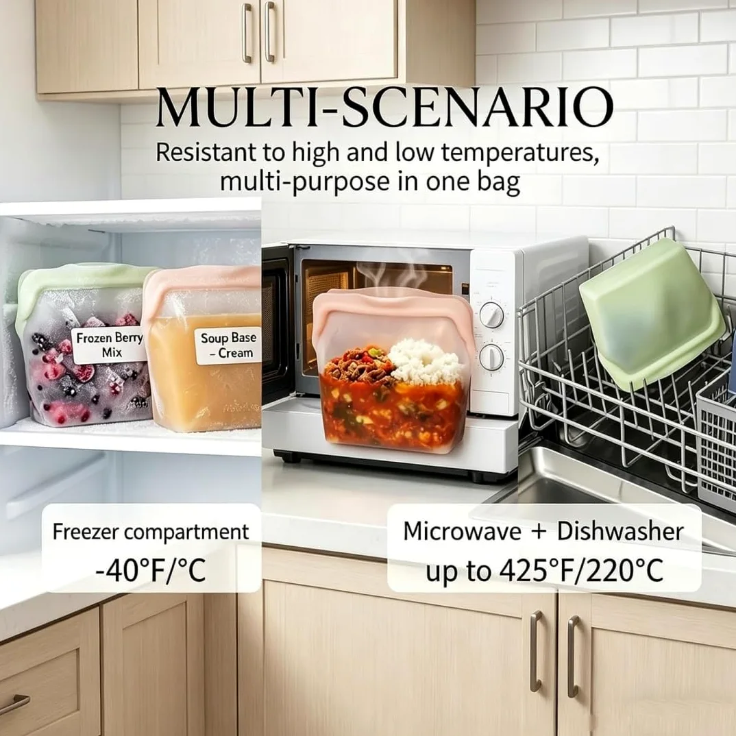 Sacchetto alimentare riutilizzabile in silicone, contenitore autoportante anti-perditaare riutilizzabile in silicone, contenitore autoportante anti-perdita per freezer, microonde (ABCD)