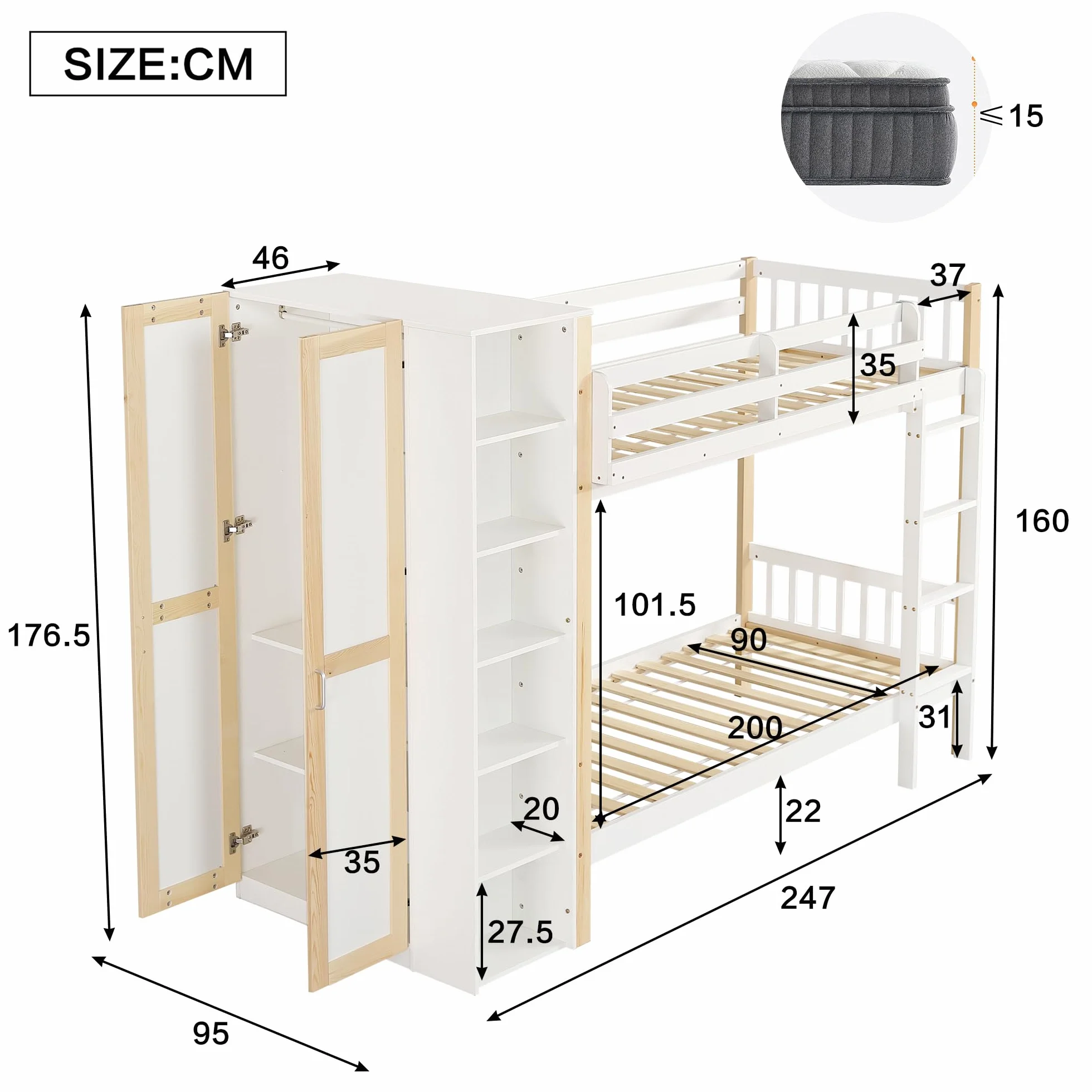 Idemon Letto a castello, Lettino per bambini con protezione laterale e griglia, con scala a 4 livelli, 6 ripiani aperti, armadio laterale, ampio spazio di archiviazione, pino+PB, bianco+naturale