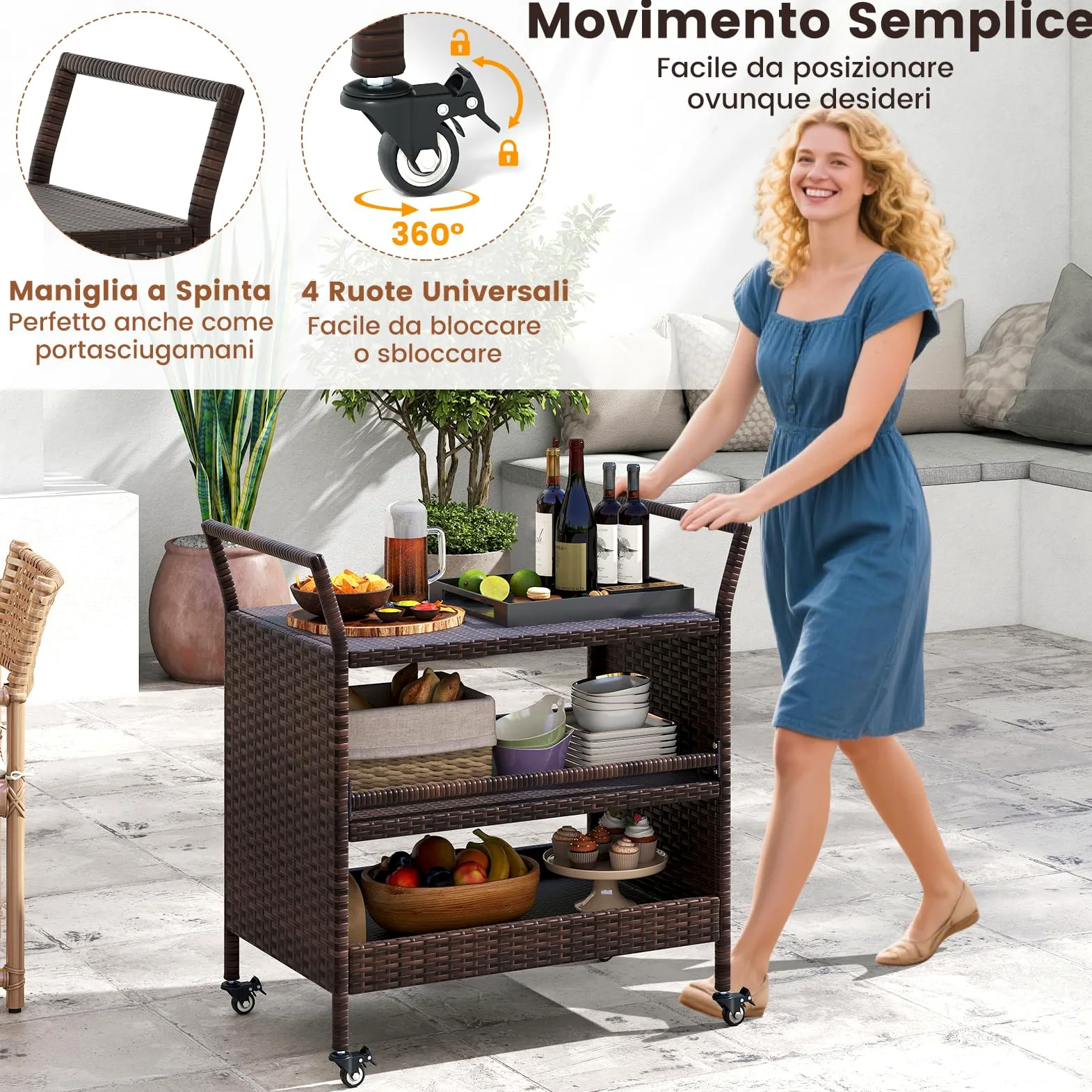 COSTWAY Carrello da Bar da Esterno, Mensola di Stoccaggio in Vimini con 3 Livelli Ruote e Maniglie Laterali, Tavolino da Servizio per Giardino Bordo Piscina Veranda, 86 x 50 x 89 cm