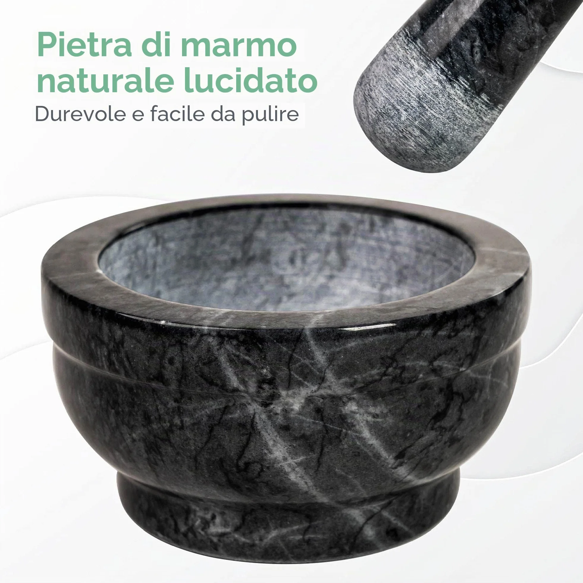 Mortaio con Pestello Marmo 15x8cm Pietra Naturale Nera per Pesto e Piante Aromatiche