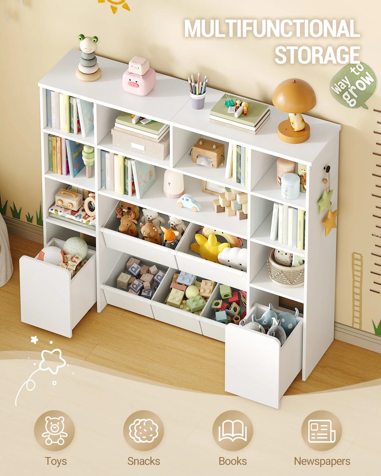 Hzuaneri Libreria per bambini con 2 cassetti contenitori su ruote, scaffale a 4 ripiani, ripiano per giocattoli, armadietto, adatto per cameretta, soggiorno, studio, 30 x 140 x 120 cm, bianco KB75203W
