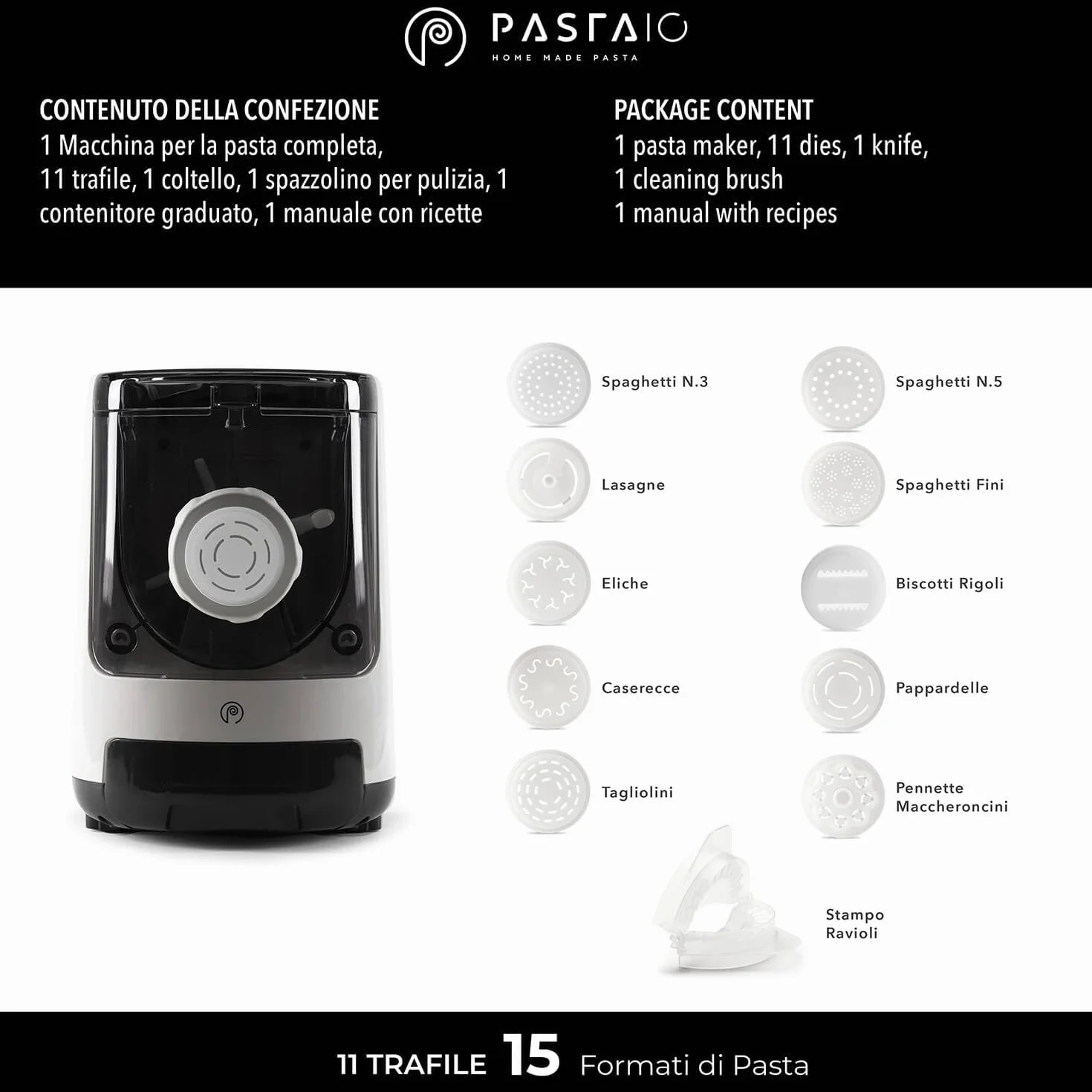 CLASSE ITALY PASTAIO Macchina per la Pasta con 11 trafile, bilancia integrata, 800g per ciclo, 15 tipi di pasta, 5 anni garanzia