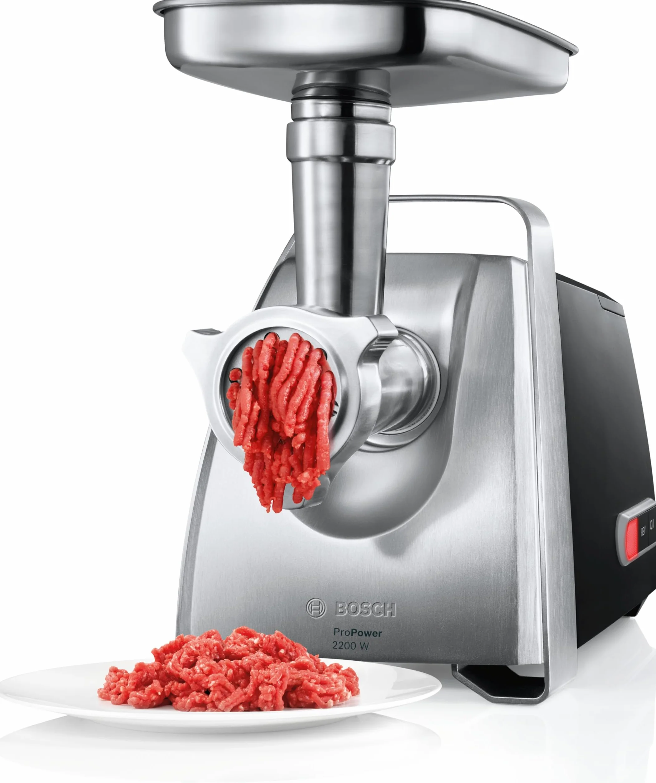 Bosch Tritacarne ProPower MFW68660, 800 W, Potenza Blocco Motore 2200W per Grandi Quantità, Grande Maneggevolezza, Funzione Reverse, Tanti Accessori Inclusi, Nero, Acciaio Inox