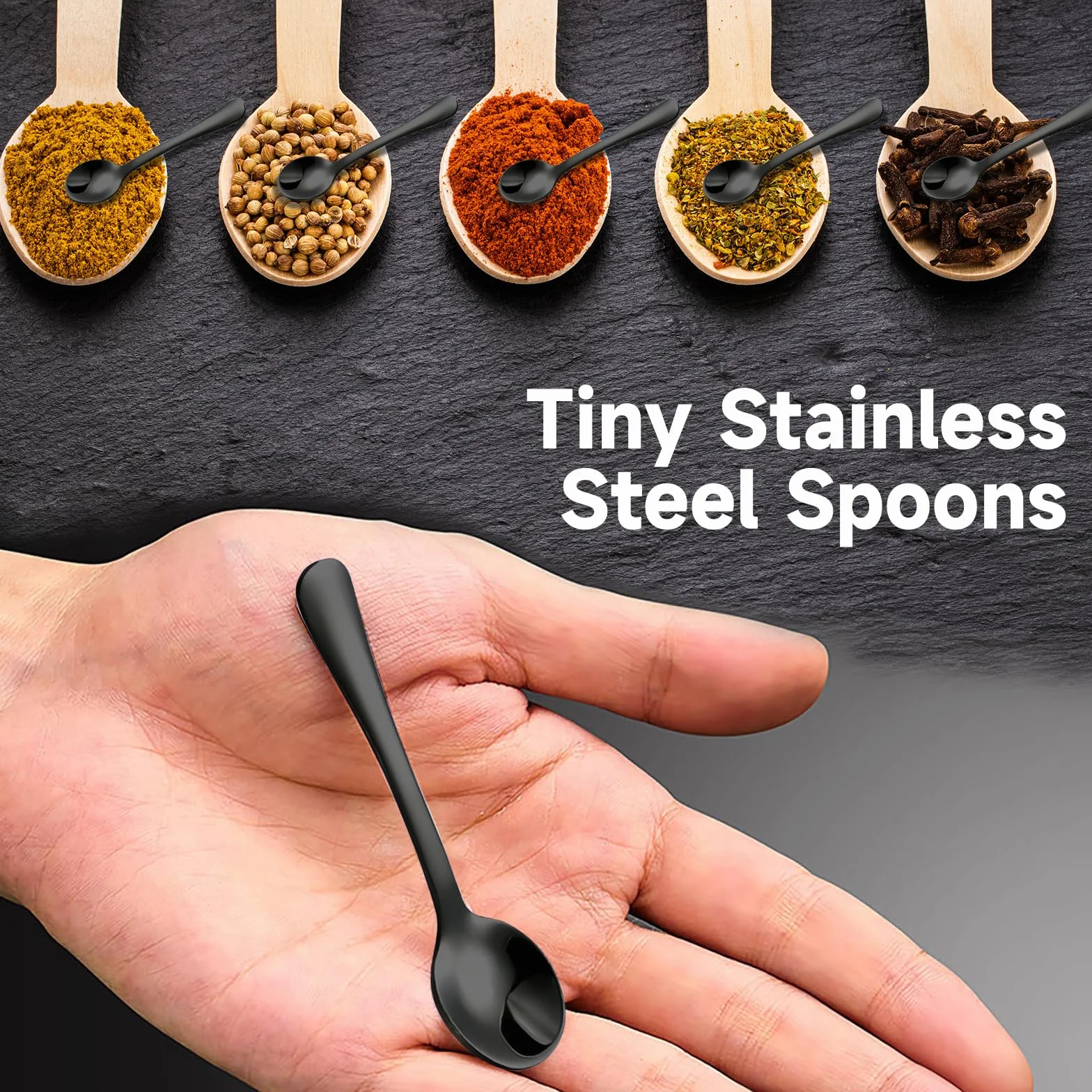 GlamRays 8 Pezzi Piccoli Cucchiai in Acciaio Inox per Barattoli Spezie, Mini Dimensione 7,5CM, Adorabili Piccoli Cucchiai Acciaio Inox per Spezie, Sale, Piccole Palettine Divertenti (Nero)