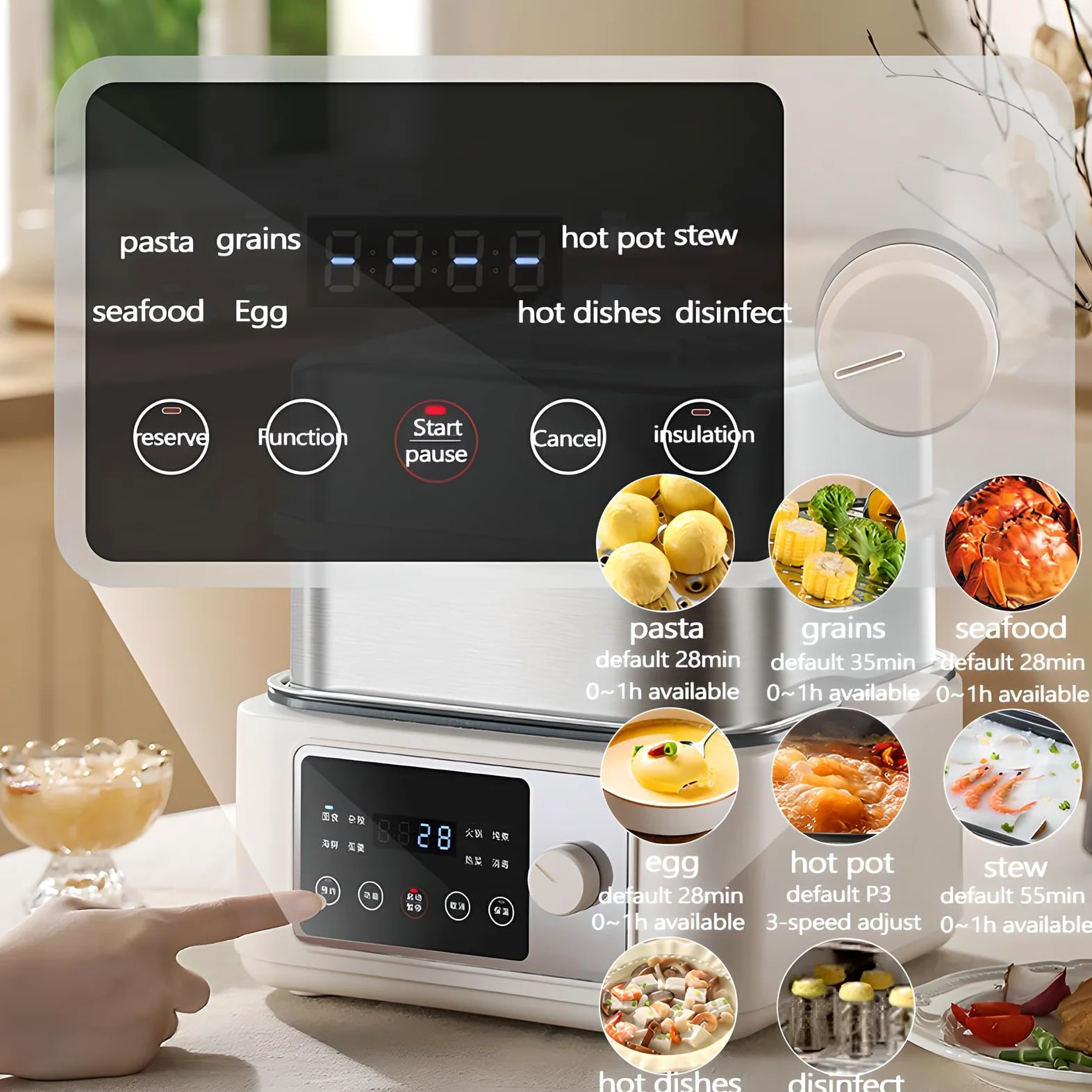 Vaporiera elettrica, 8/12/16 l, 1350 W, vaporiera per Verdure con Touch Screen, Timer 24 Ore, 8 funzioni Menu, Isolamento a Doppia modalità, vaporiera Multifunzione Intelligente in Acciaio Inox 16L