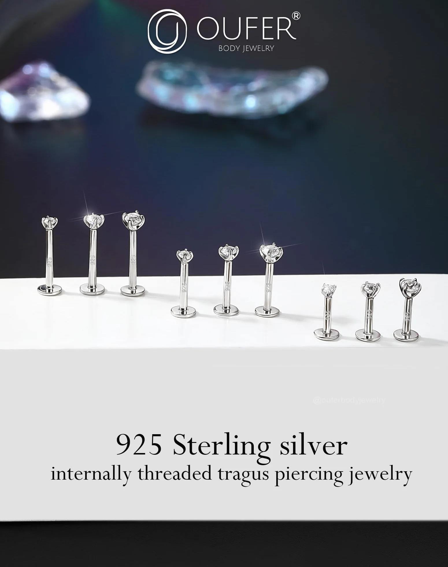 OUFER 16G Piercing Helix Filettato Interno Argento 925 Conch Lobe Lip Stud Trasparente 2/2.5/3 mm CZ Gioielli Per Il Corpo