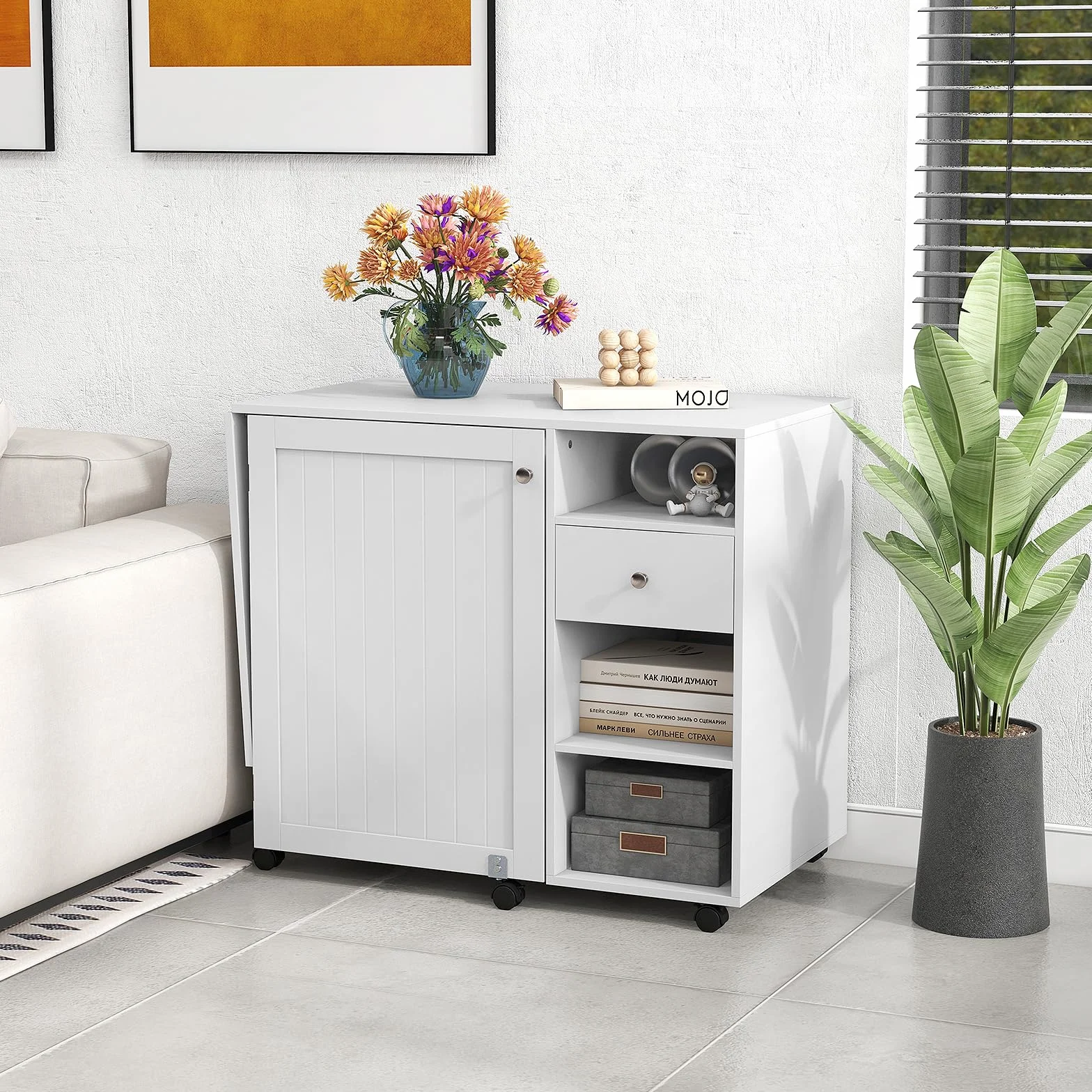RELAX4LIFE Tavolo da Cucito Pieghevole su Ruote con Ripiani e Cassetto