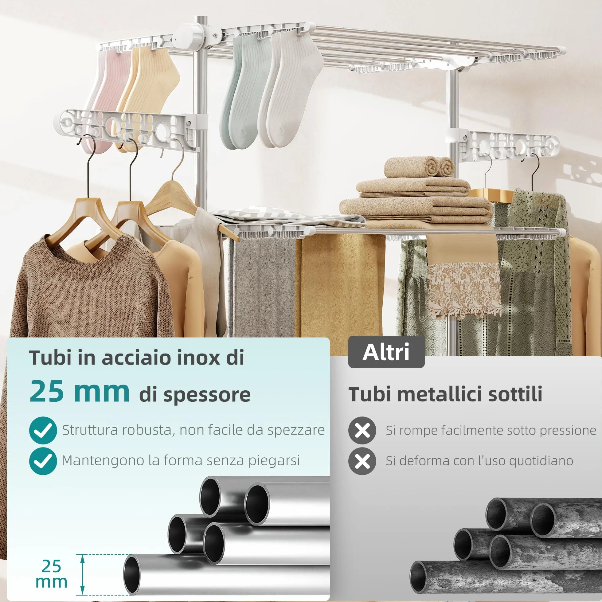 HOMCOM Stendibiancheria Verticale a Torre 4 Livelli, Stendino Pieghevole Salvaspazio in Acciaio Inox con 6 Ruote, 142x55x172cm, Bianco