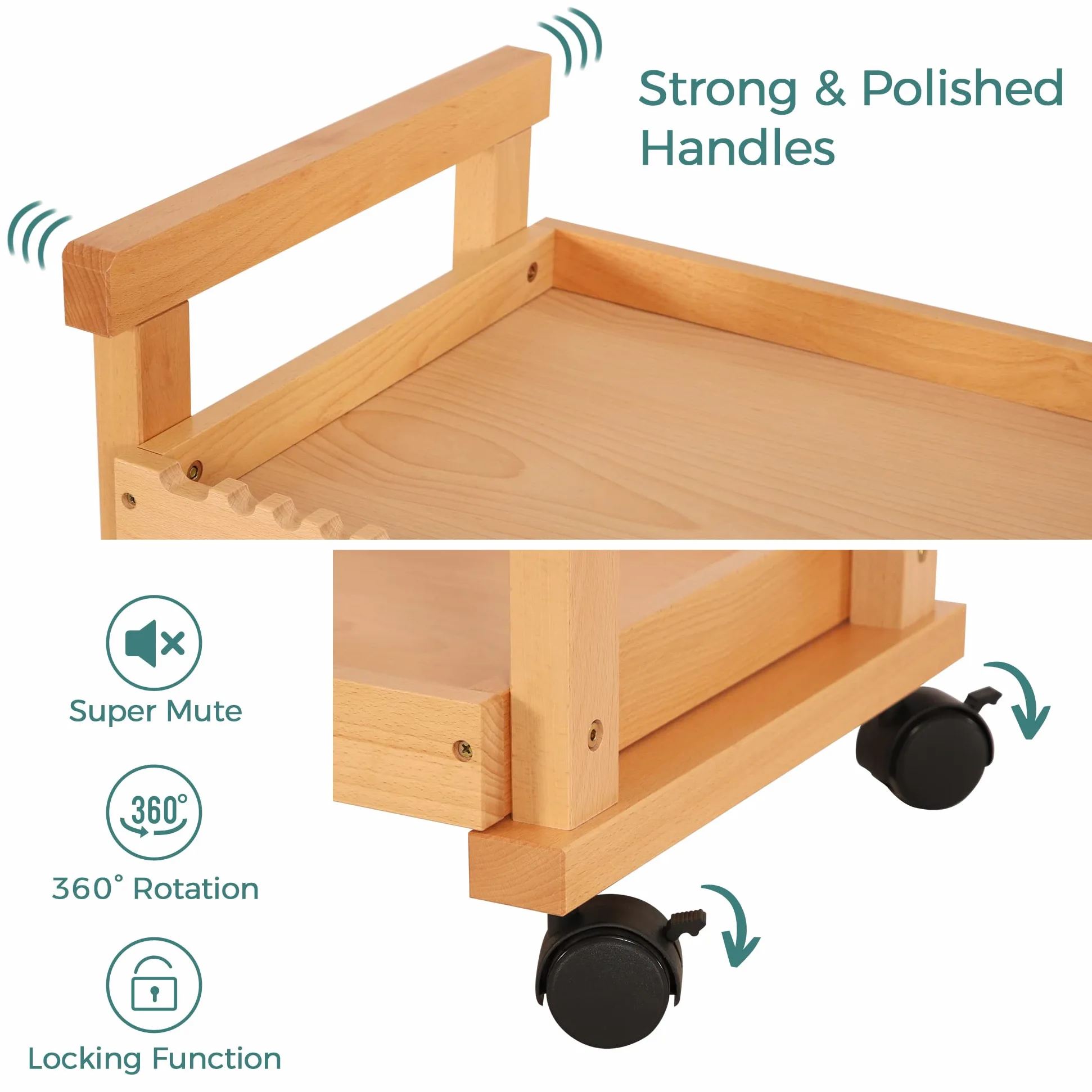 VISWIN 93 cm H art Cart Storage Organizer 3-Tier, Carrello Multiuso Rotante in Legno di Faggio Massiccio con Ruote Piroettanti, Carrello Multifunzionale per Lo Studio, l'Aula e la Cucina
