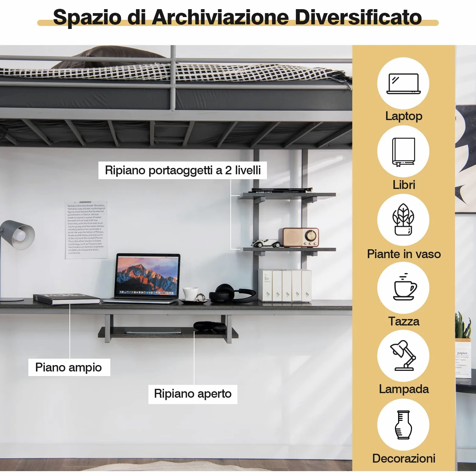 COSTWAY Letto a Soppalco in Metallo, Struttura del Letto Salvaspazio con 2 Scale e Scrivania, Letto a Doghe Ideale per Adolescenti e Adulti, 200x95x180,5 cm (Argento)