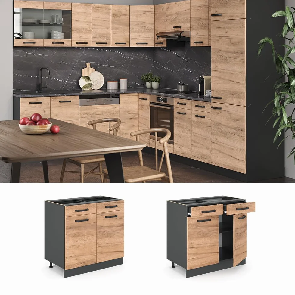 Vicco mobiletto base per cucina R-line, Quercia dorata/Antracite, 80 cm senza piano di lavoro