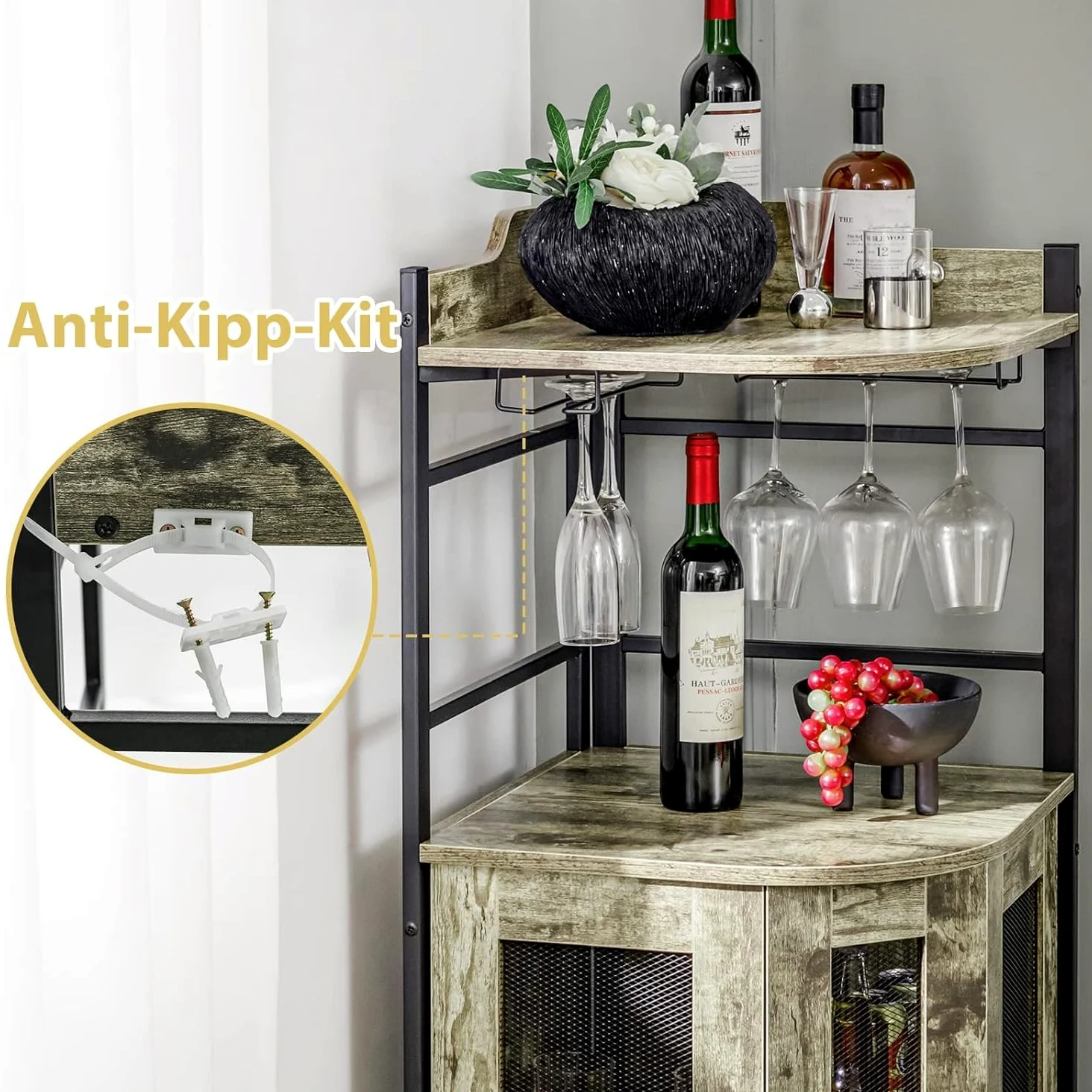FANTASK Armadio da bar industriale, armadietto per vino con supporto in vetro, bar in metallo
