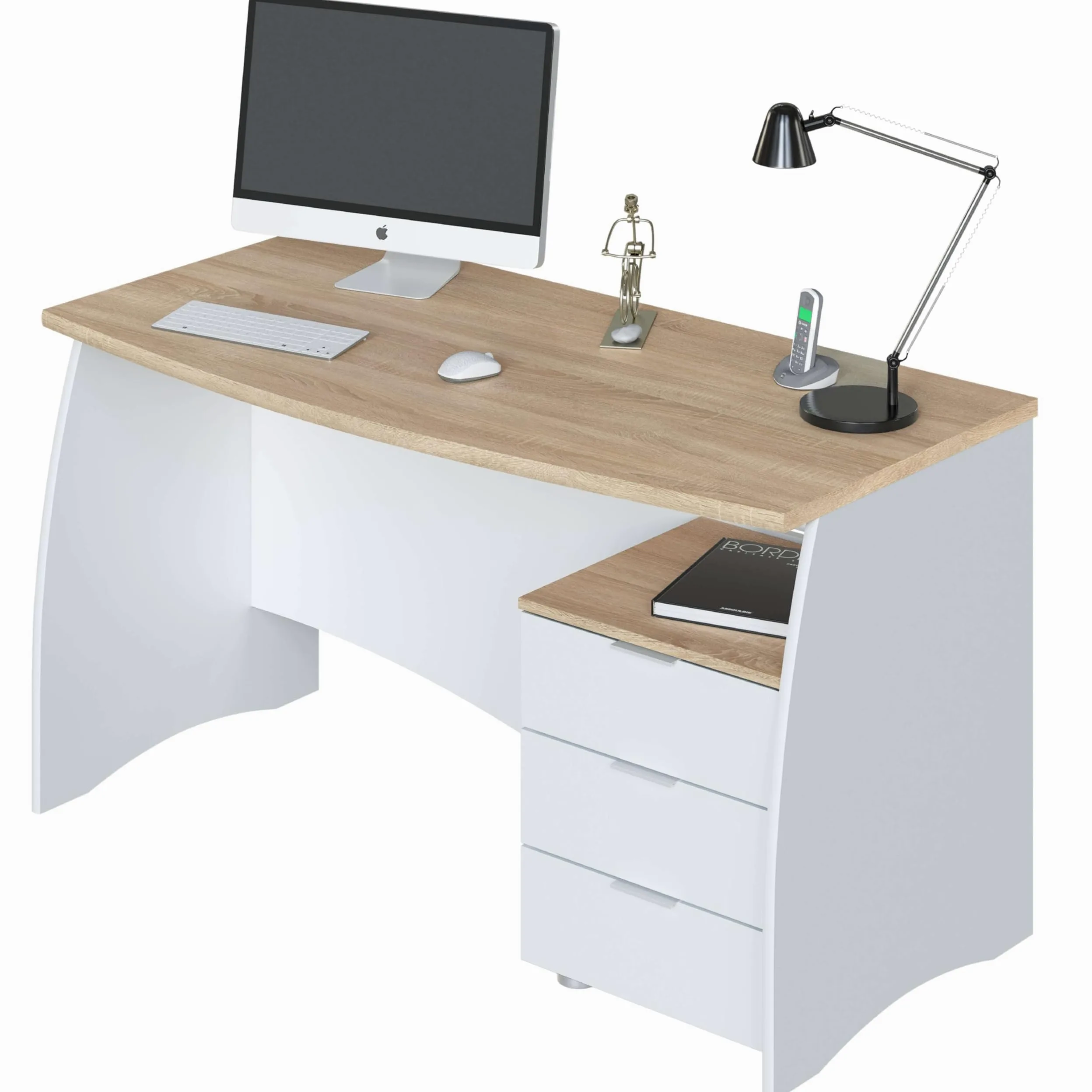 Habitdesign Tavolo da ufficio con 3 cassetti, tavolo da ufficio o studio, modello Stil, finitura in Balnco Artik e Rovere Canadian, dimensioni: 136 cm (larghezza) x 67 cm (fondo) x 74 cm (altezza)