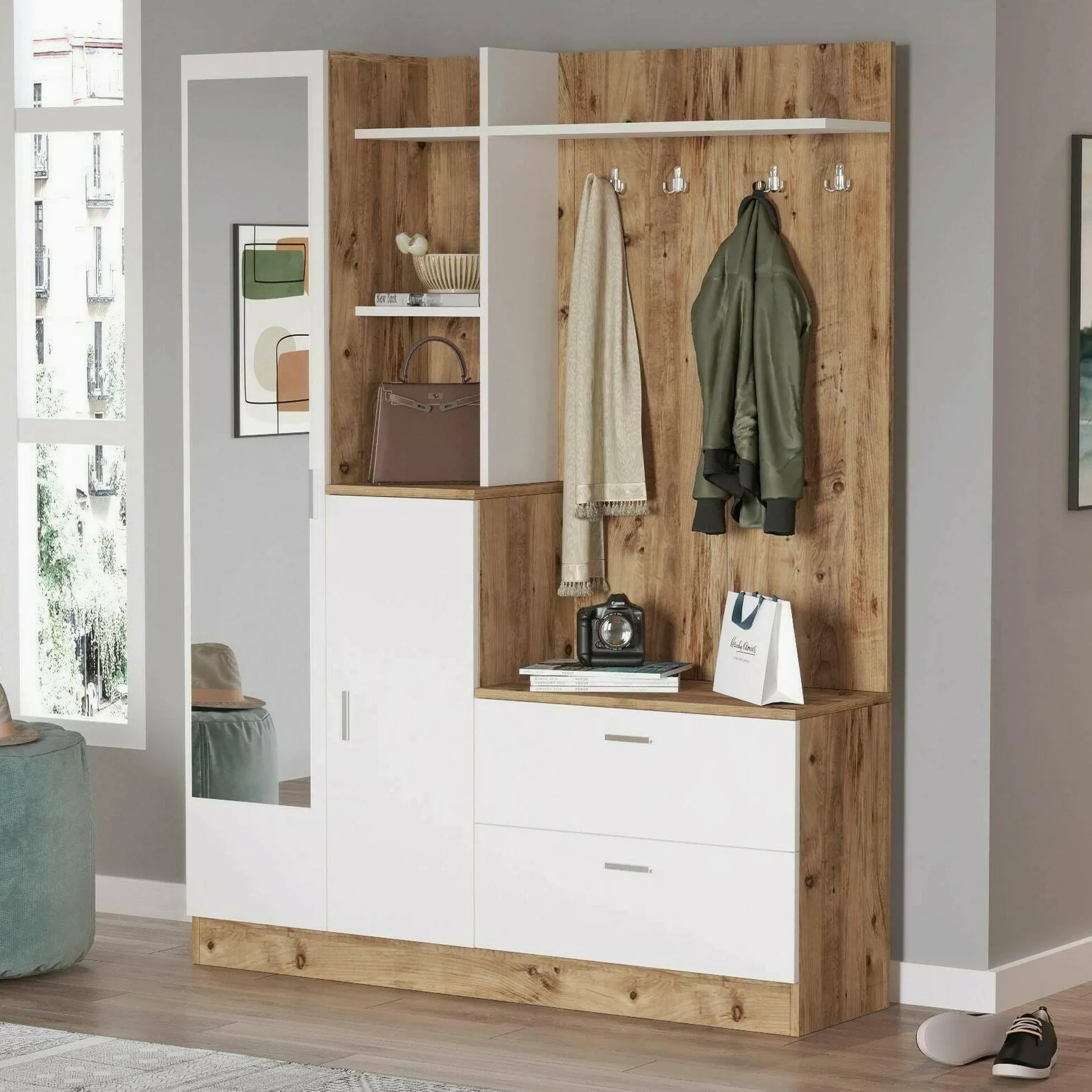 Dmora Mobile da Ingresso Homam, Entratina Appendiabiti, Composizione per atrio, Consolle portaoggetti Multifunzione, 140x37h182 cm, Quercia e Bianco