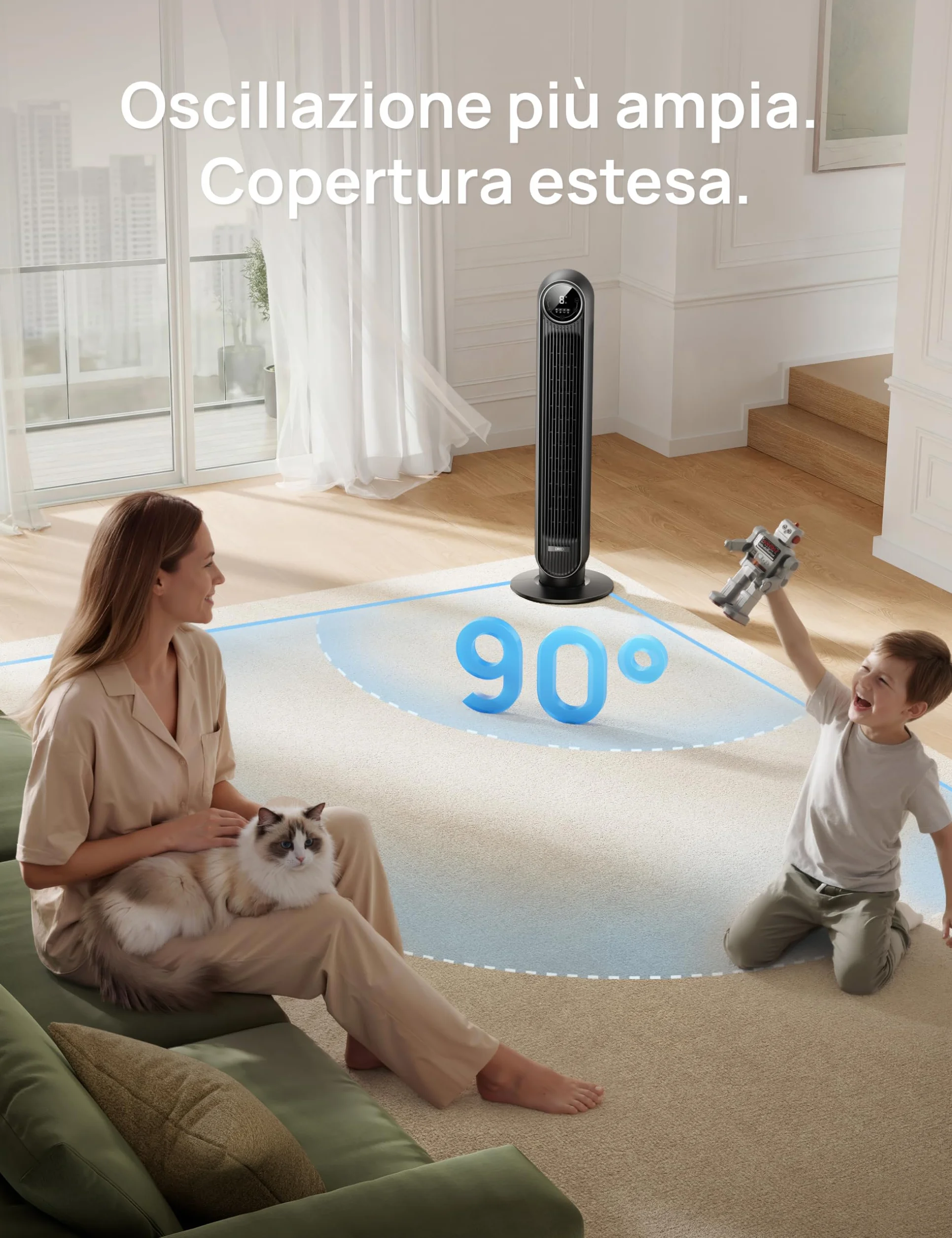 DREO 20dB Ventilatore a Torre Silenzioso, Potente 7.6 m/s, Ventilatori a Colonna con Telecomando, 4 Modalità, 4 Velocità, Oscillazione a 90°, Timer da 1 a 8 ore, Schermo LED, per la Camera da Letto