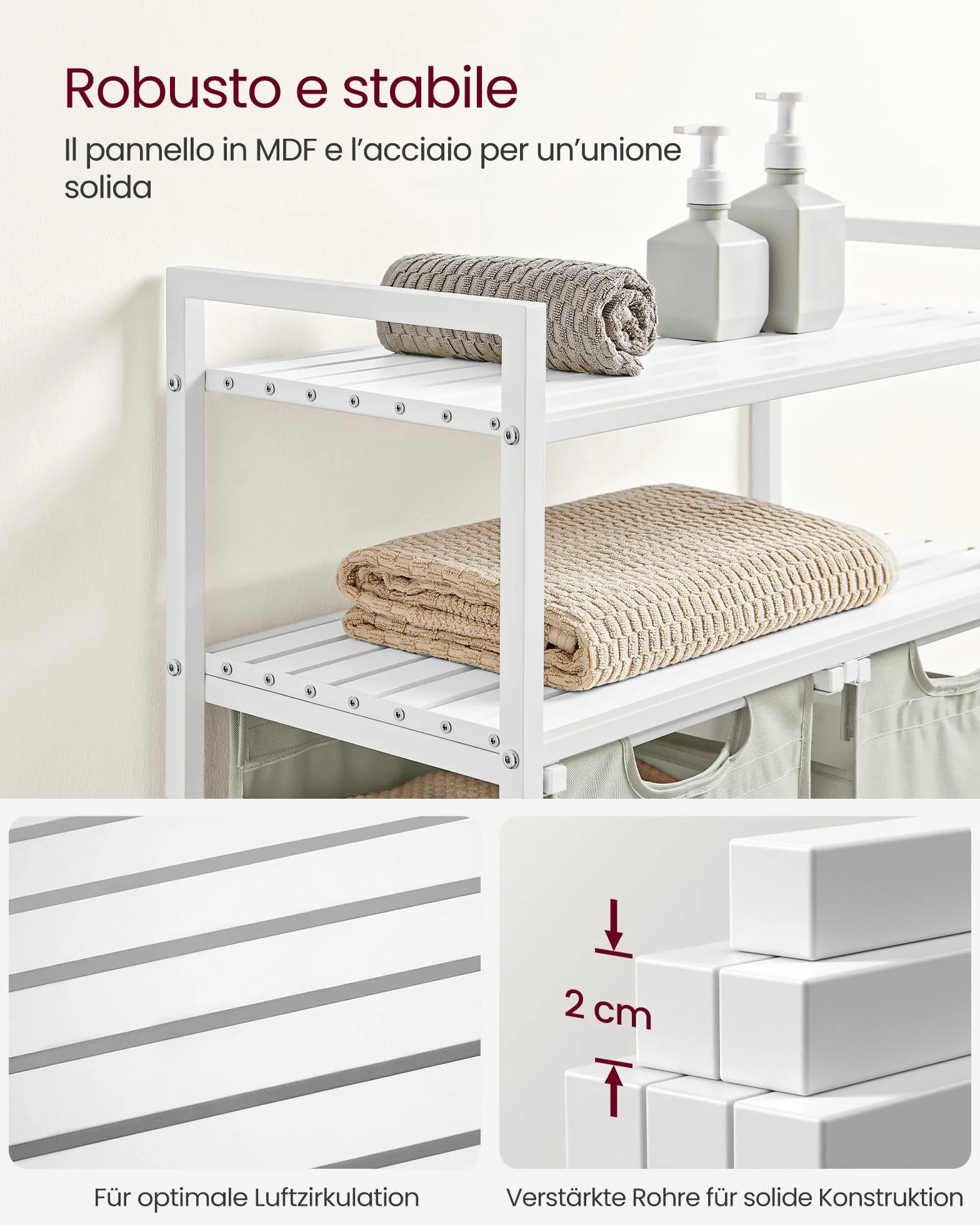 VASAGLE Cesto Portabiancheria 2 Sacchi Estraibili 46L Bianco BLH211W01