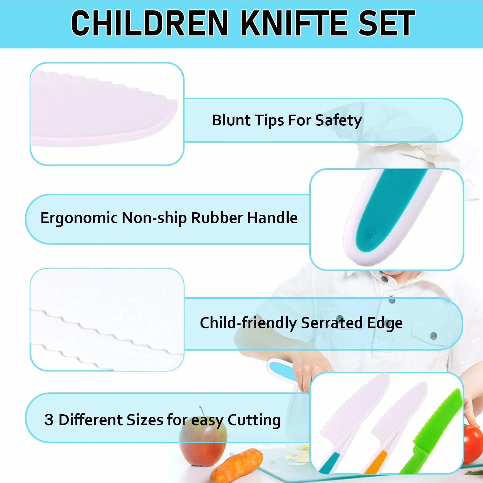 Coltelli per Bambini, 3 Pezzi set Coltelli Bambini, Coltelli Cucina Seghettati, set Coltelli Cucina Bambini, set di Coltelli da Cucina per Bambini per Tagliare Frutta o Verdura