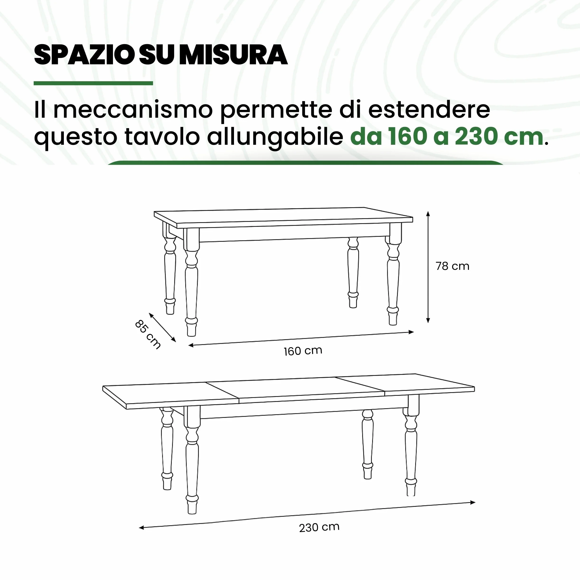 Mar.c.a. Design - Tavolo Rettangolare Allungabile fino a 230 cm., con gambe Tornite, Legno Massello, Noce scuro, Arte Povera, con 2 Allunghe da 35 cm. - Mis. 160X85X80 cm.
