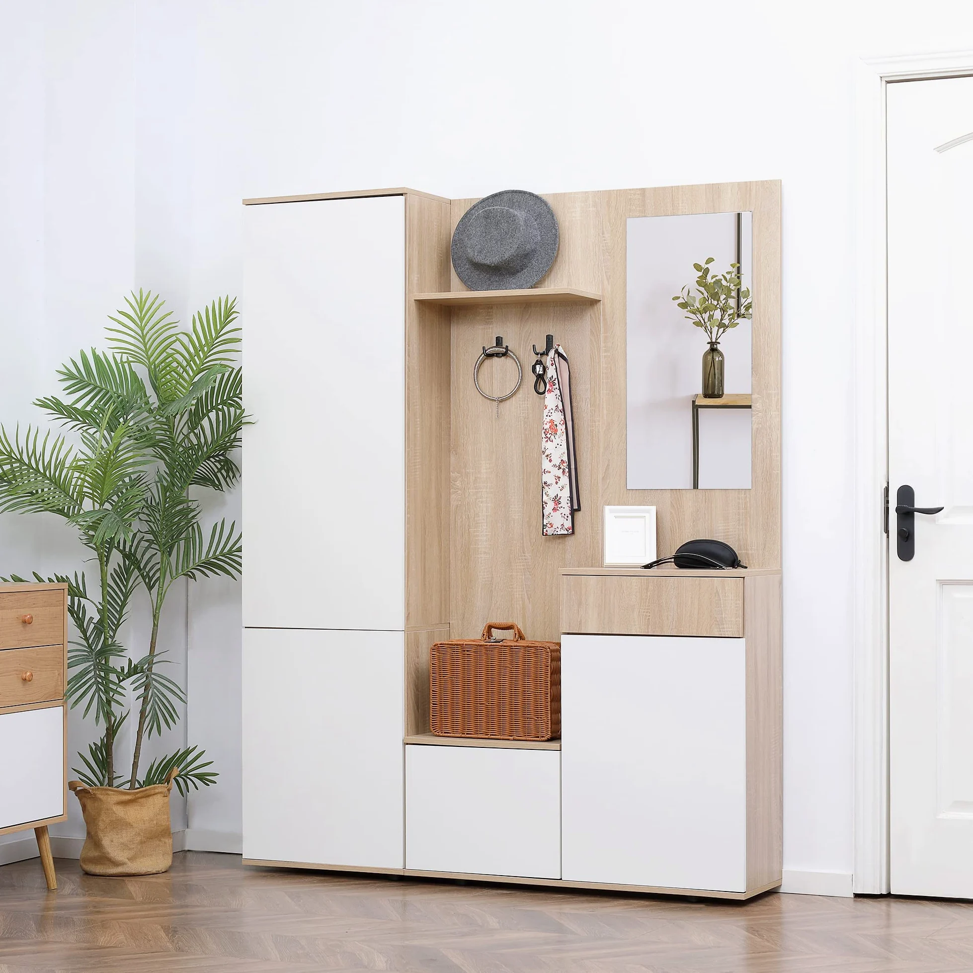 HOMCOM Mobile Attaccapanni da Ingresso 4 in 1 con Specchio, Ganci e Ripiani Regolabili Interni, Mobile da Ingresso Multiuso in Legno con Cassetto, 145x29x184 cm, Legno Naturale e Bianco