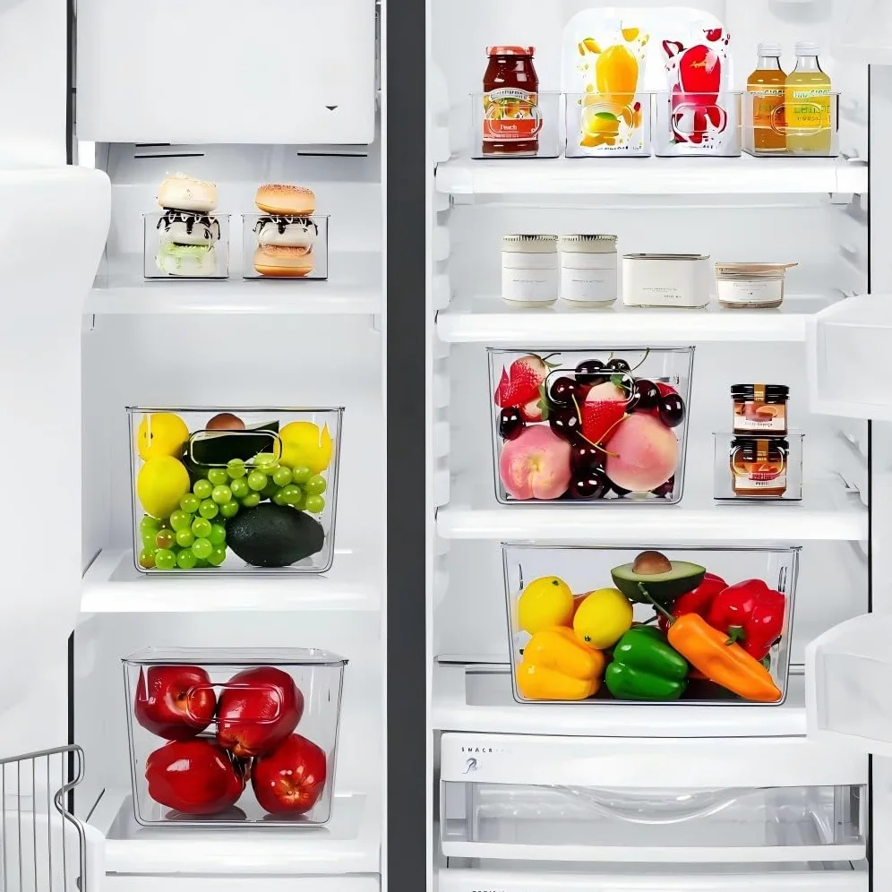 SKTEET Set di 8 contenitori in plastica trasparente, 4 grandi e 4 piccoli contenitori impilabili per dispensa e cucina, organizer per casa e armadietti