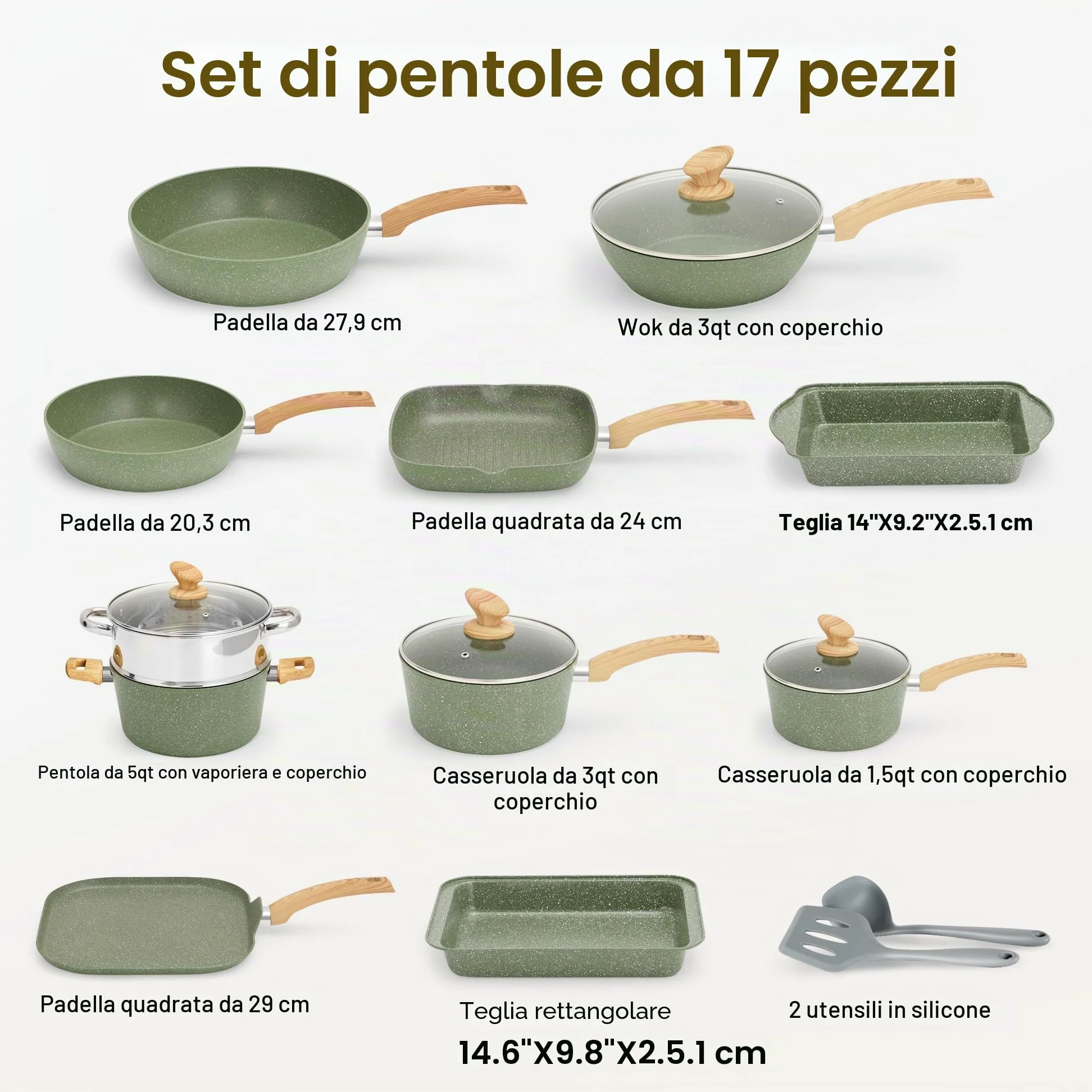Kitchen Academy - Set di pentole a induzione, 17 pezzi, con coperchi in vetro e rivestimento in granito, con padelle e pentole (verde, 17 pezzi)