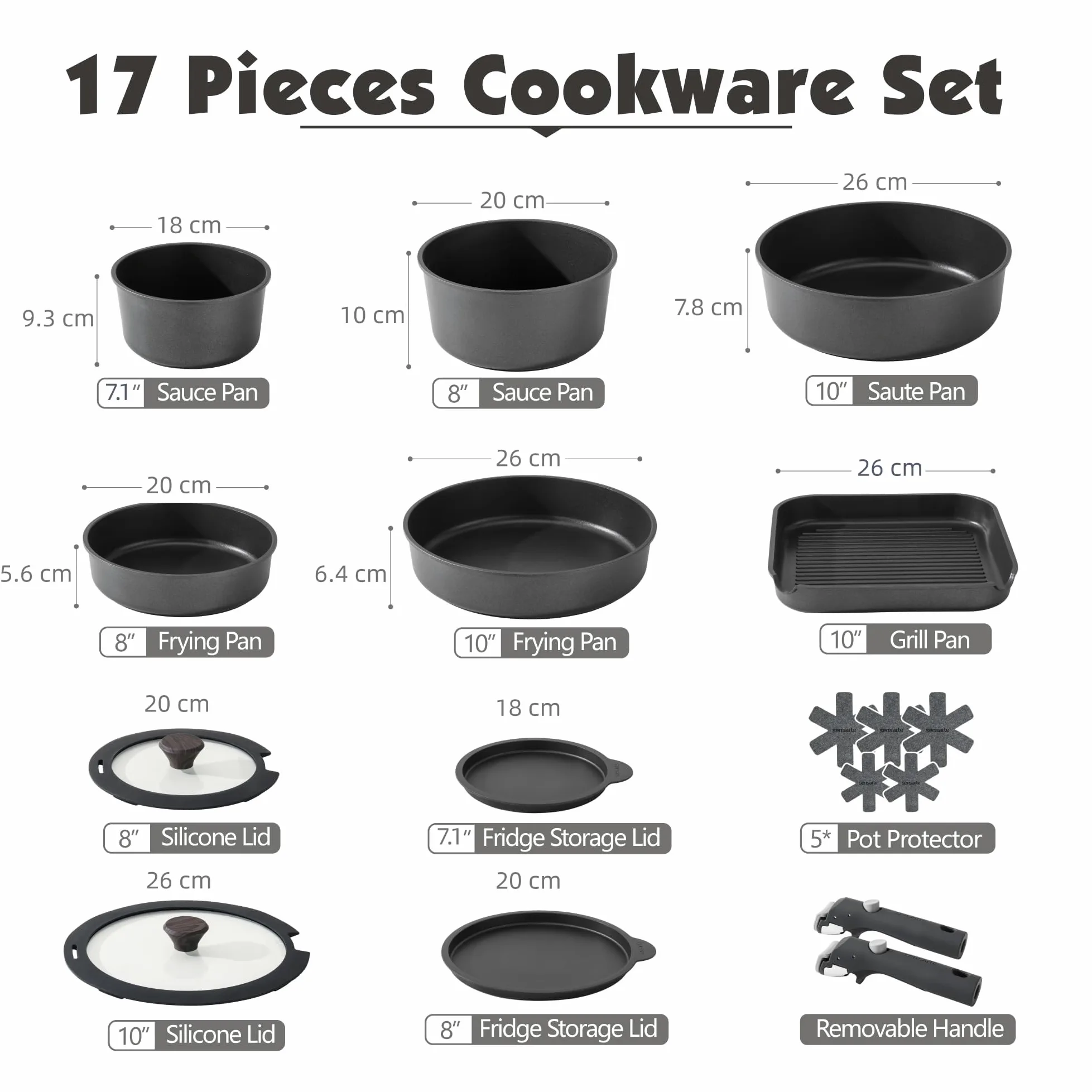 SENSARTE Set di Pentole 17 Pezzi con Manici Rimovibili, Antiaderente in Granito, Compatibile con Induzione e Gas, Include Padelle, Casseruole e Grill, Impilabile e Lavabile in Lavastoviglie