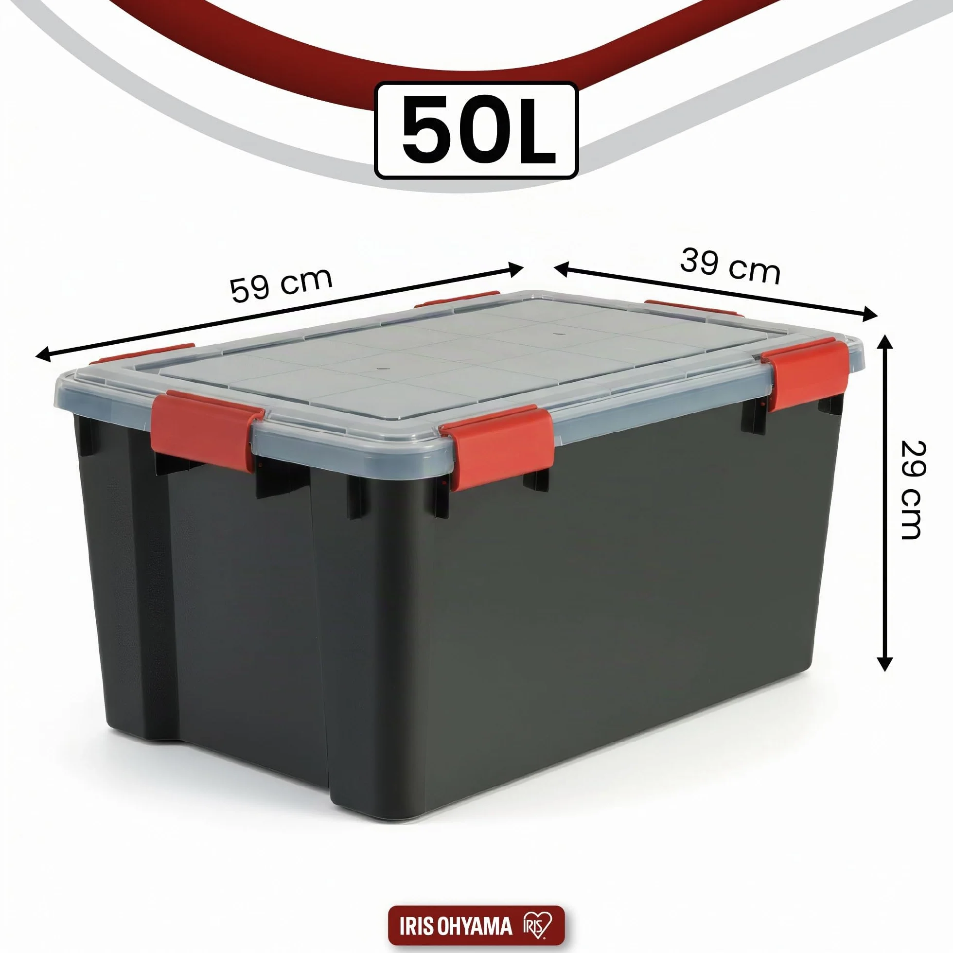 Iris Ohyama Scatole Portaoggetti Ermetiche 50L Set di 2 Nero Coperchio Impermeabile Impilabile AT-L