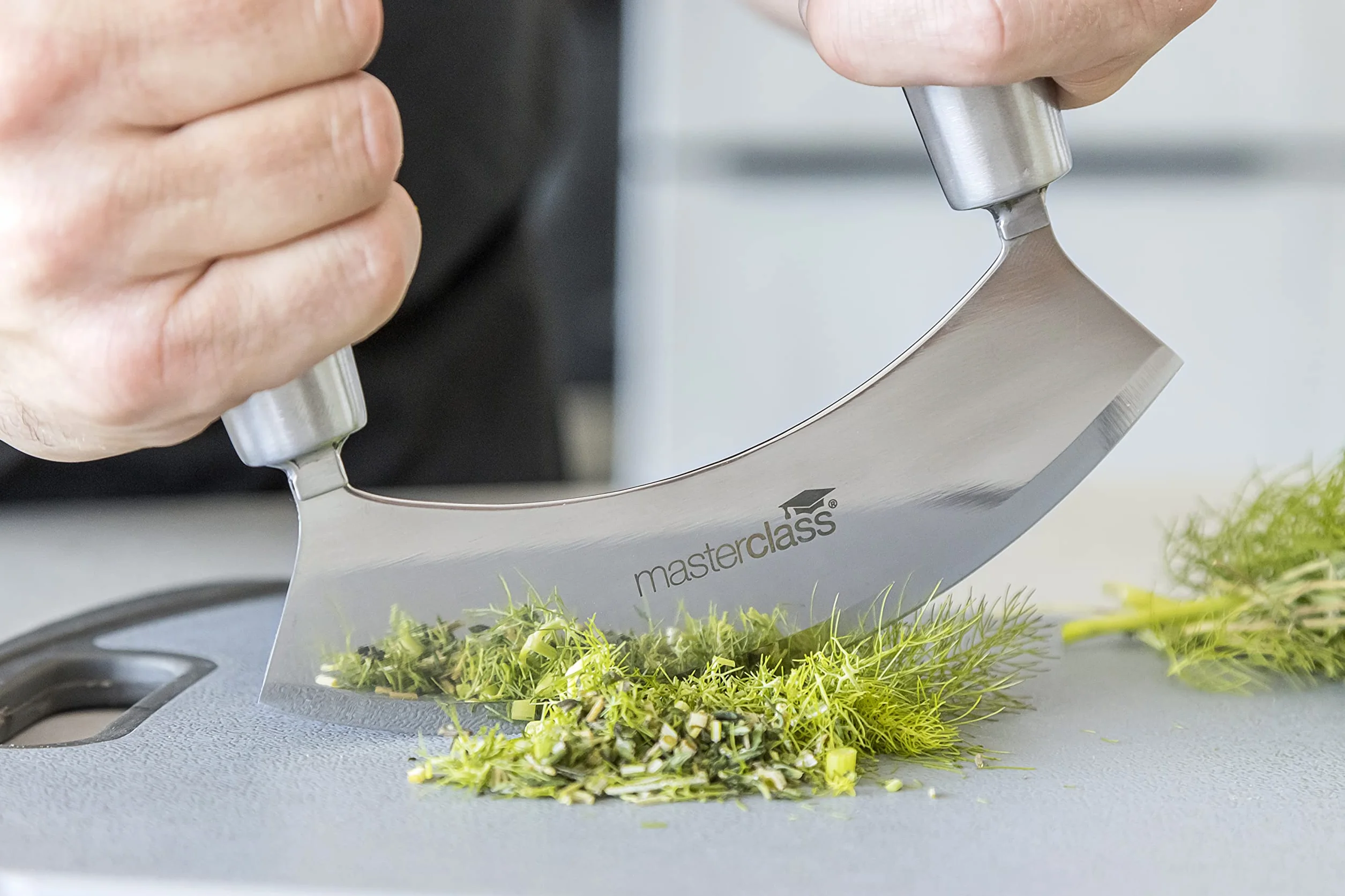 MasterClass Acero Mezzaluna a Lama Singola in Acciaio Inox al Carbonio, Lama Curva per Taglio delle Erbe, 18 cm, Argento