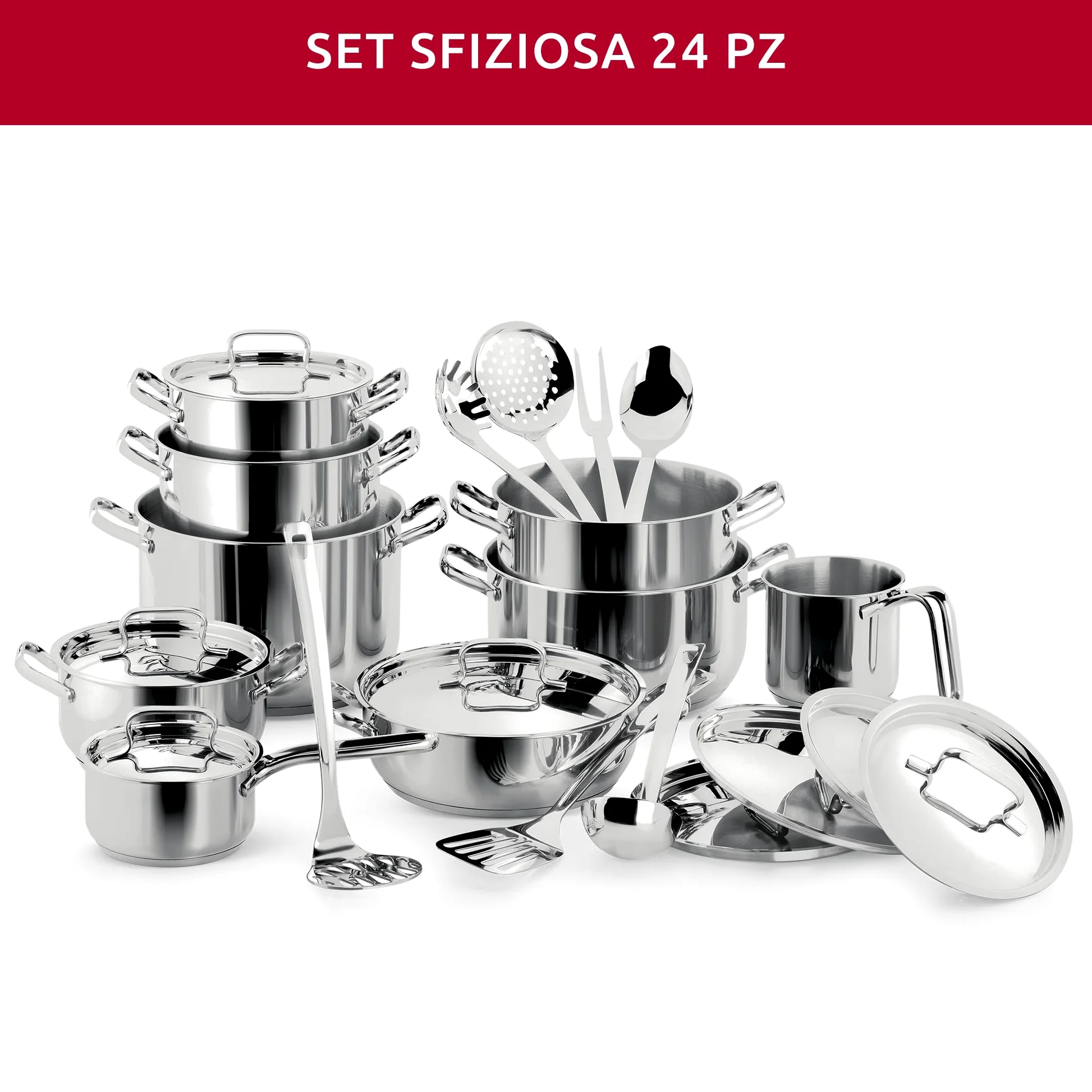 Lagostina Sfiziosa Set di Pentole Induzione, Gas e Forno in Acciaio Inox 18/10, 24 Pezzi, Fondo Lagoseal Plus, con 5 Casseruole, 3 Pentole, Bollilatte, 8 Coperchi, 7 Utensili Cucina