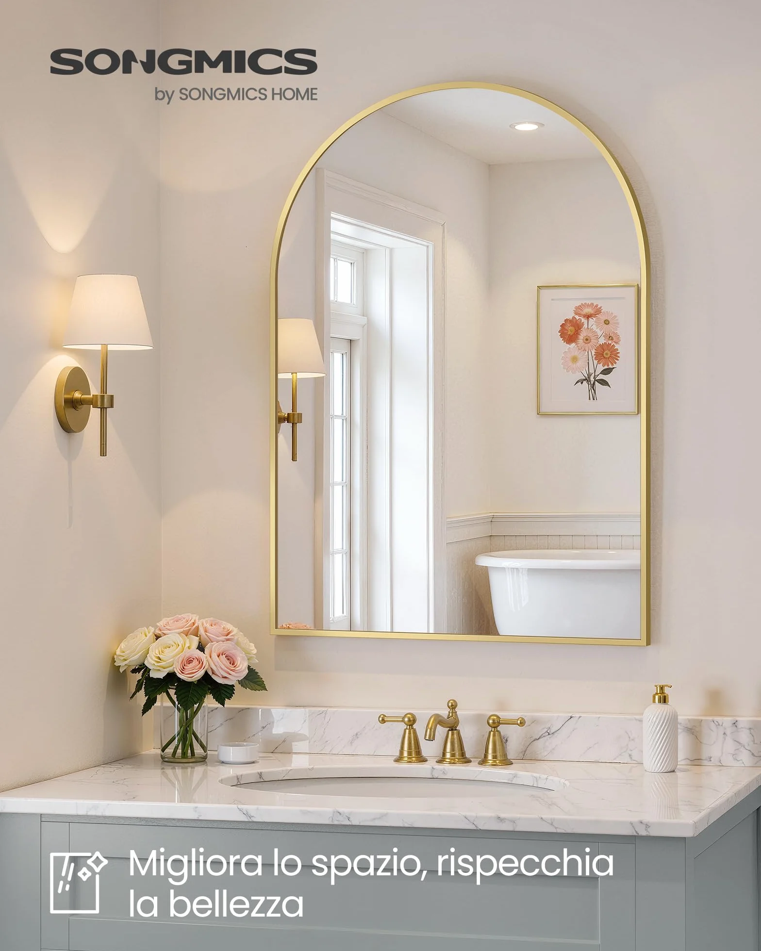 SONGMICS Specchio Bagno, Specchio da Parete, ad Arco, Cornice in Alluminio, 91 x 61 cm, Pellicola di Sicurezza, Facile da Montare, Soggiorno Camera da Letto, Oro Pallido LWM011AB01
