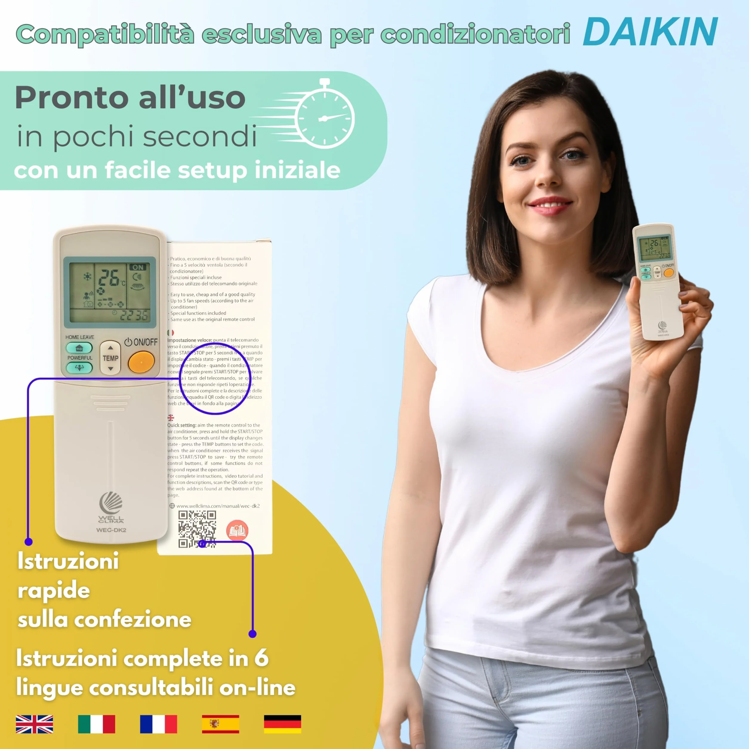 Wellclima Telecomando Universale per Condizionatori Daikin, Compatibilità Garantita, Design Simile all'Originale, Fino a 5 Velocità di Ventola, Istruzioni in 6 Lingue, Assistenza Diretta